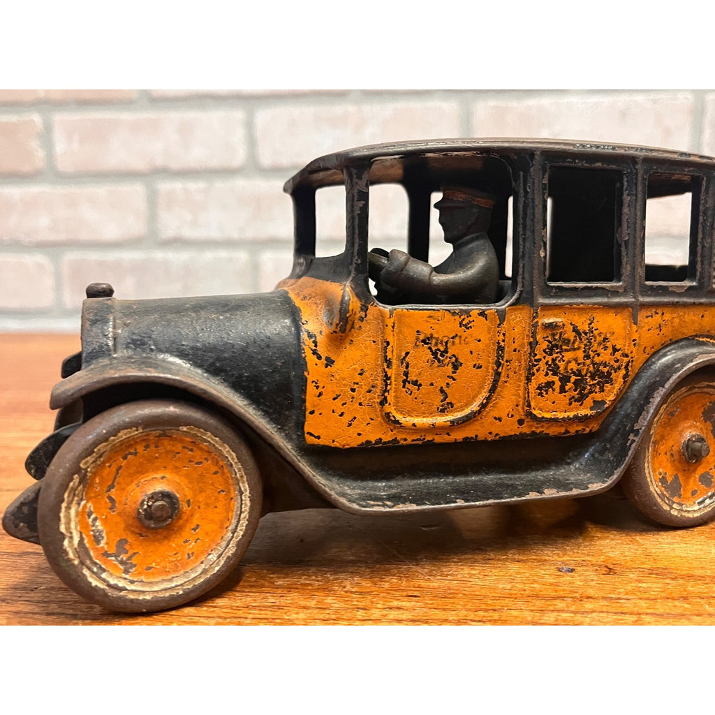 Vintage Arcade Cast Iron Car 8" 1920's Orange Black Yellow Taxi Cab w/Driver