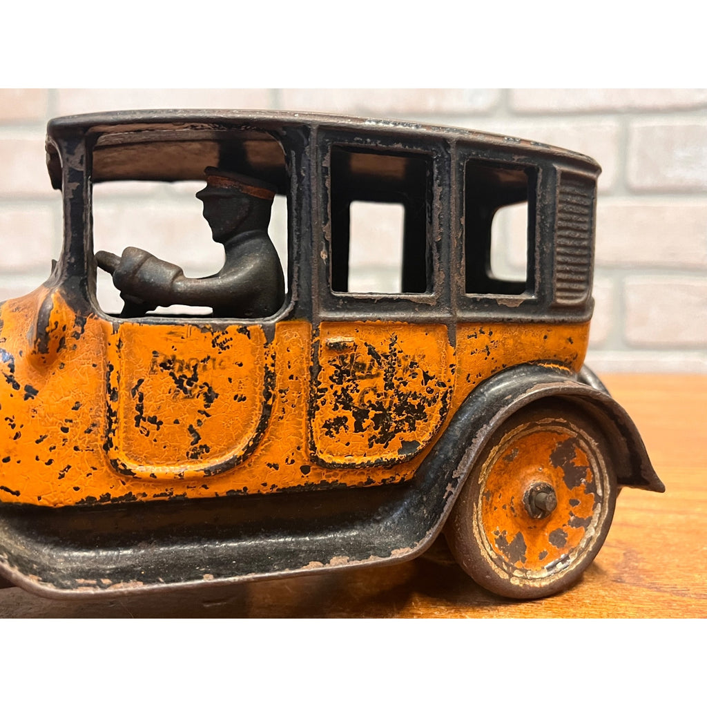 Vintage Arcade Cast Iron Car 8" 1920's Orange Black Yellow Taxi Cab w/Driver