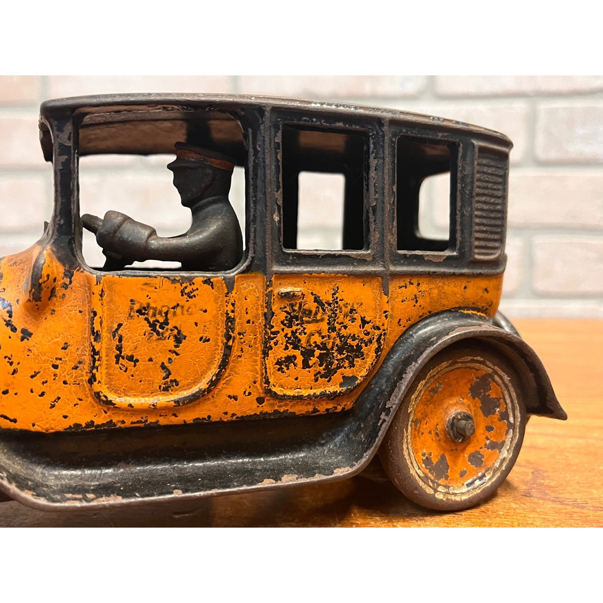 Vintage Arcade Cast Iron Car 8" 1920's Orange Black Yellow Taxi Cab w/Driver