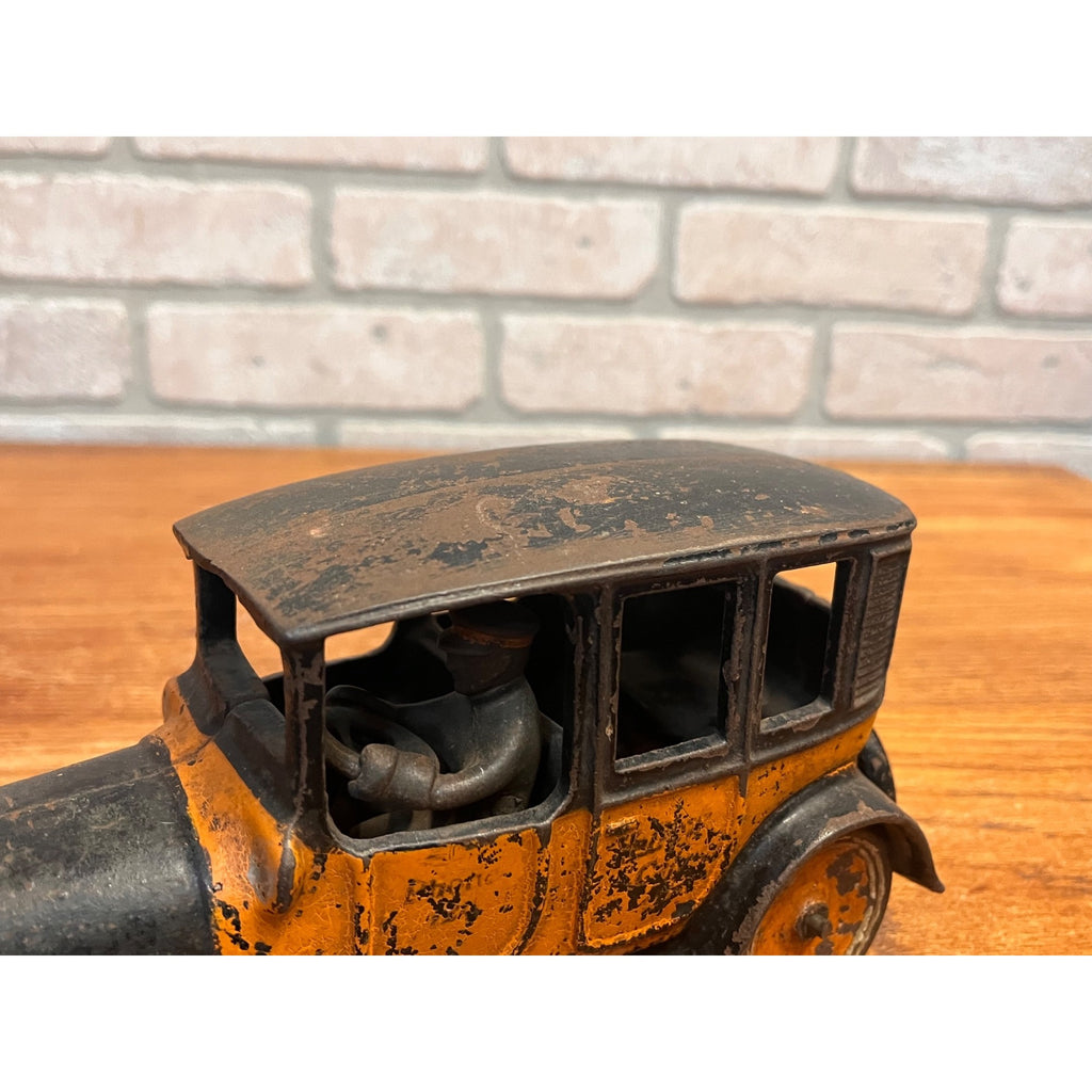Vintage Arcade Cast Iron Car 8" 1920's Orange Black Yellow Taxi Cab w/Driver