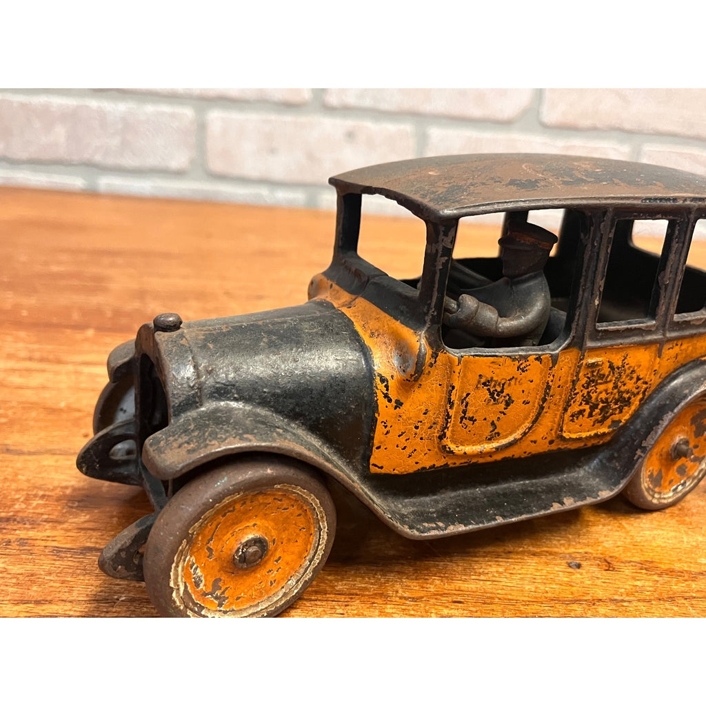 Vintage Arcade Cast Iron Car 8" 1920's Orange Black Yellow Taxi Cab w/Driver