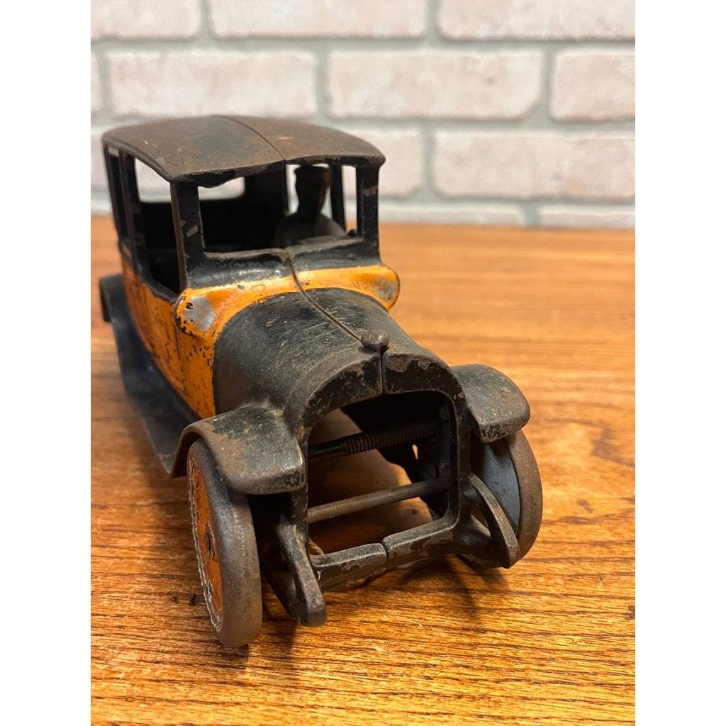 Vintage Arcade Cast Iron Car 8" 1920's Orange Black Yellow Taxi Cab w/Driver