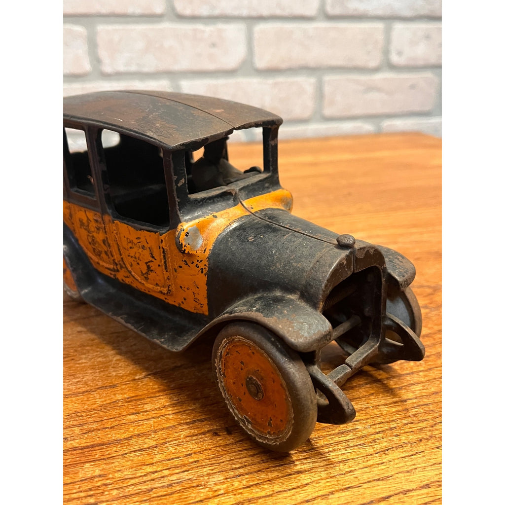 Vintage Arcade Cast Iron Car 8" 1920's Orange Black Yellow Taxi Cab w/Driver