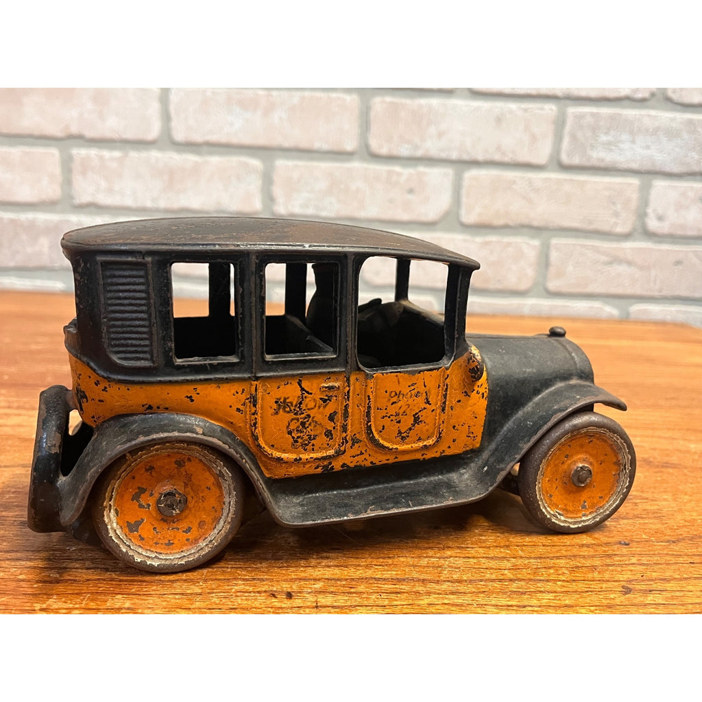 Vintage Arcade Cast Iron Car 8" 1920's Orange Black Yellow Taxi Cab w/Driver