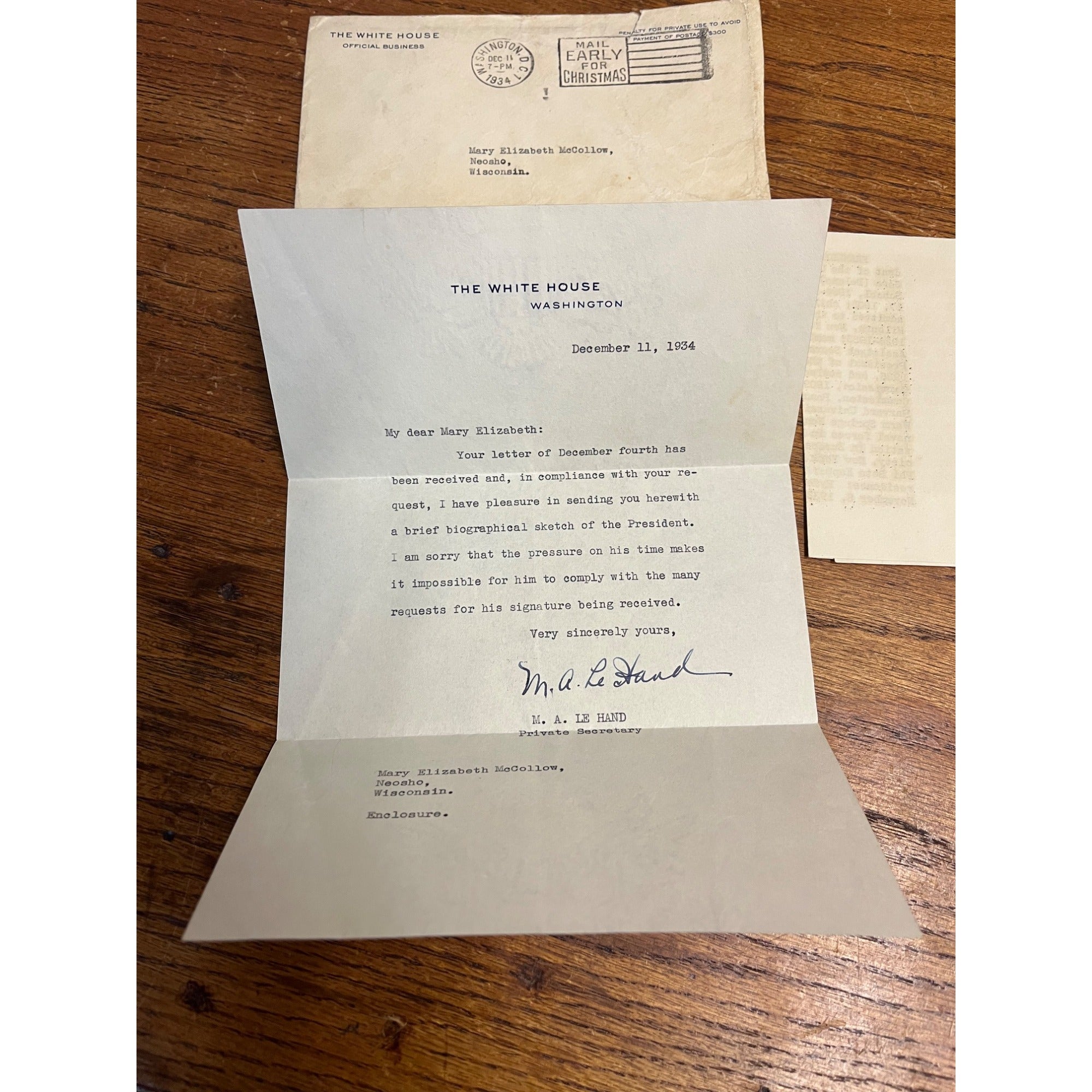 Marguerite "Missy" LeHand 1934 Signed Letter FDR Roosevelt's Private Secretary