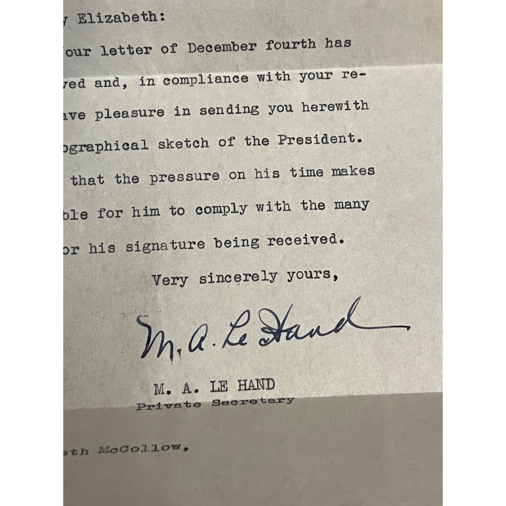 Marguerite "Missy" LeHand 1934 Signed Letter FDR Roosevelt's Private Secretary