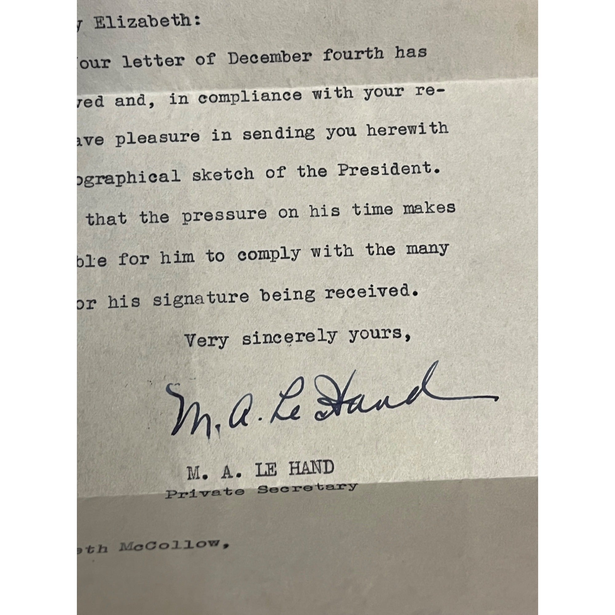 Marguerite "Missy" LeHand 1934 Signed Letter FDR Roosevelt's Private Secretary
