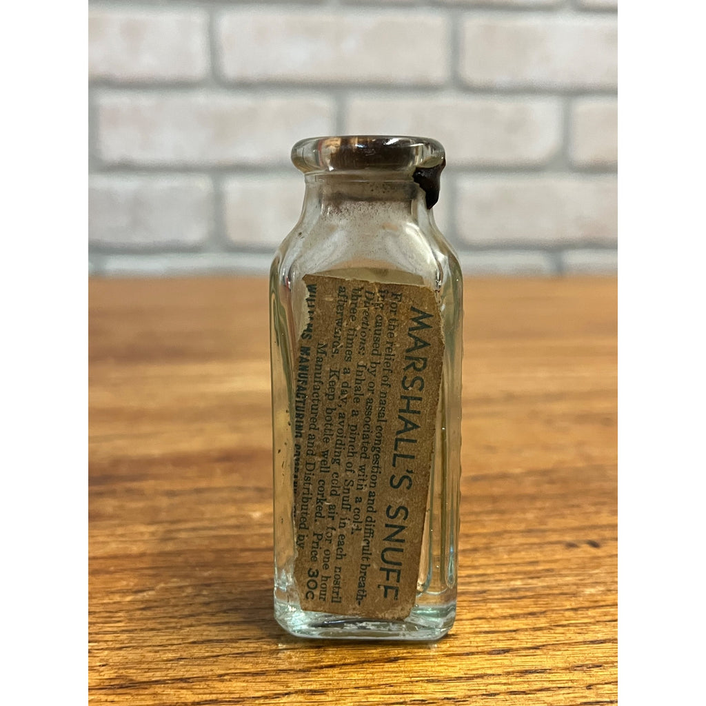 Vintage 1930s Marshall's Snuff Embossed Medicine Bottle w/ Contents - Cleveland