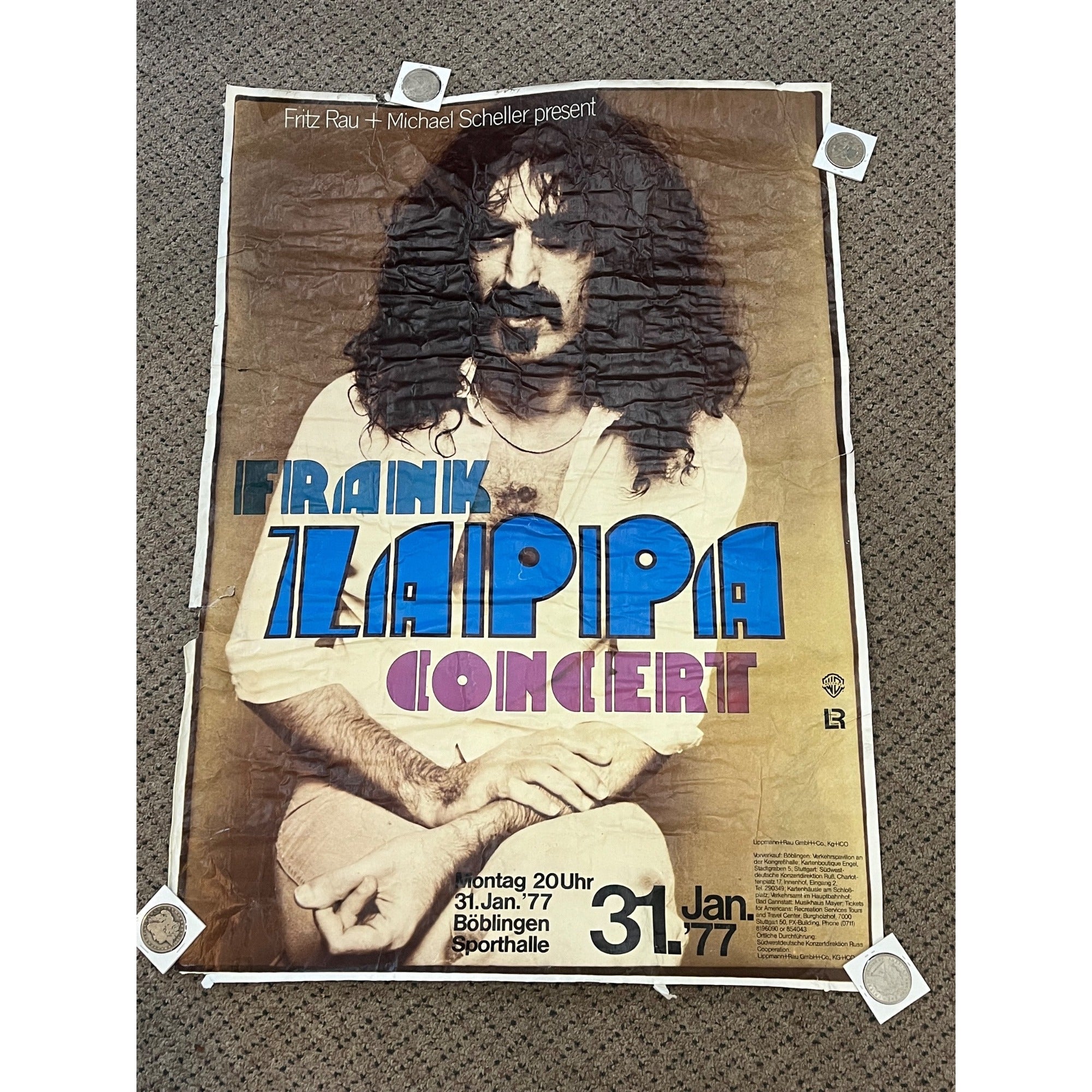 Vintage Frank Zappa 1977 Germany Böblingen Concert Poster Street-Used Bill-Post