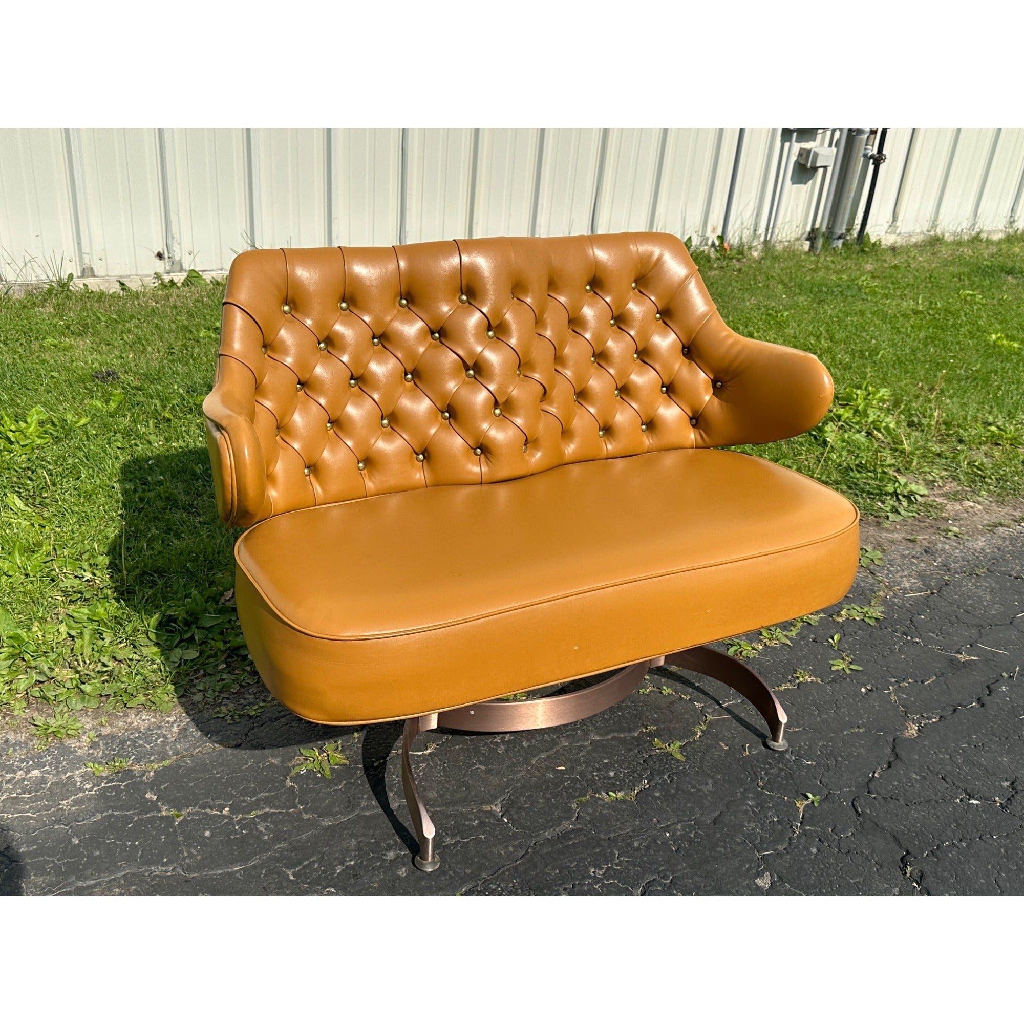 Vintage Mid-Century MCM Light Brown Faux Leather Bench Settee