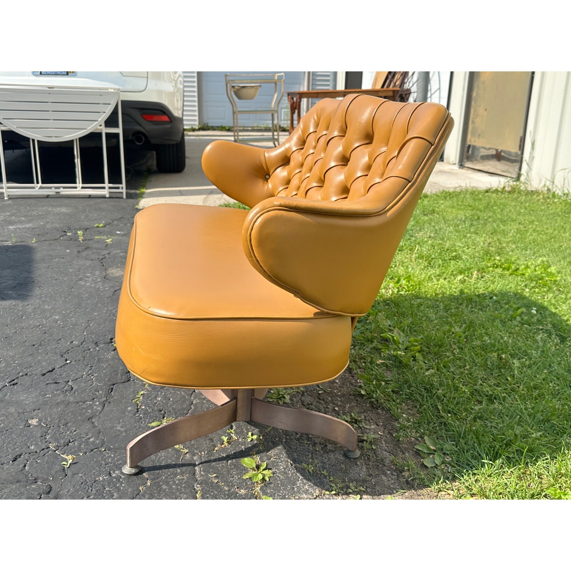 Vintage Mid-Century MCM Light Brown Faux Leather Bench Settee