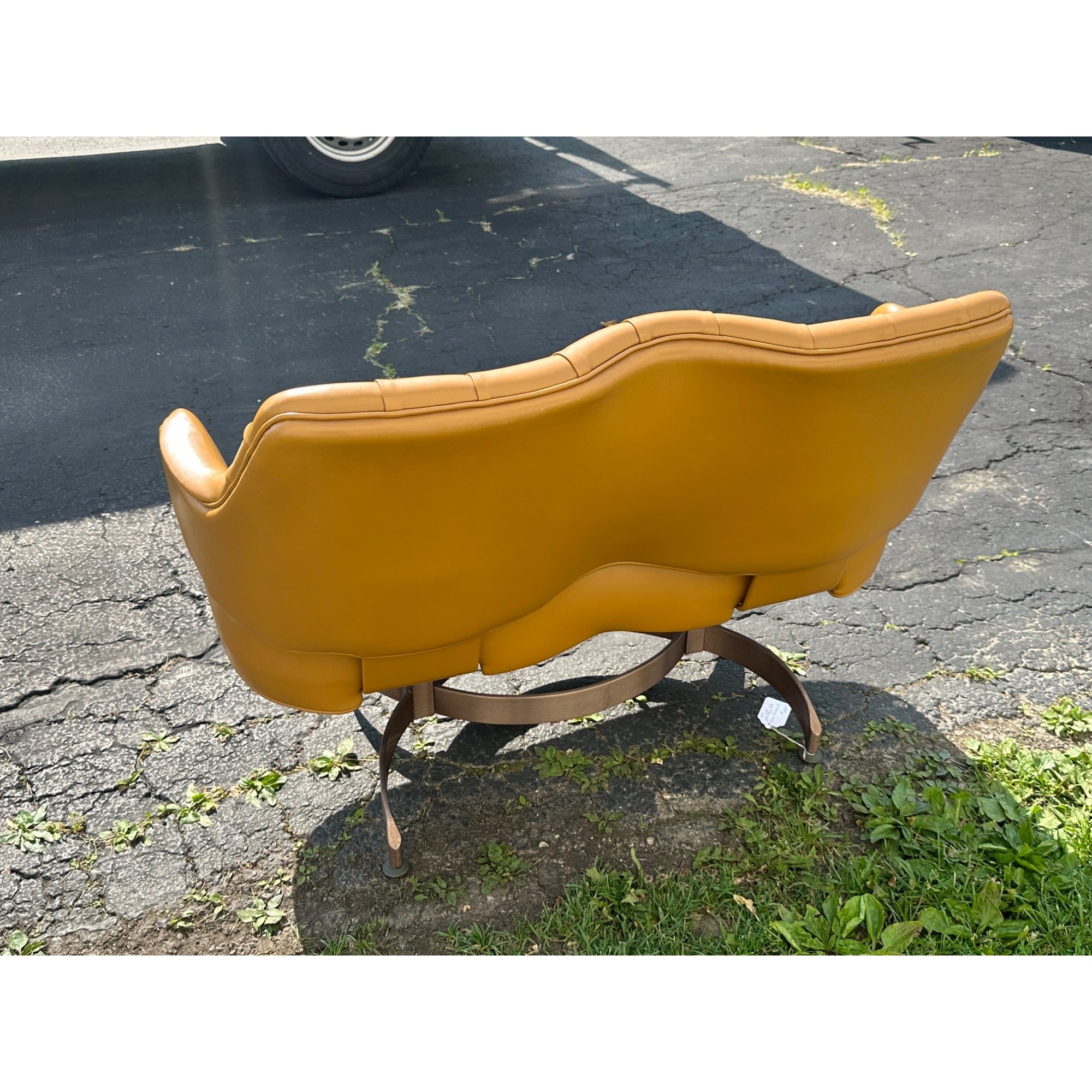 Vintage Mid-Century MCM Light Brown Faux Leather Bench Settee