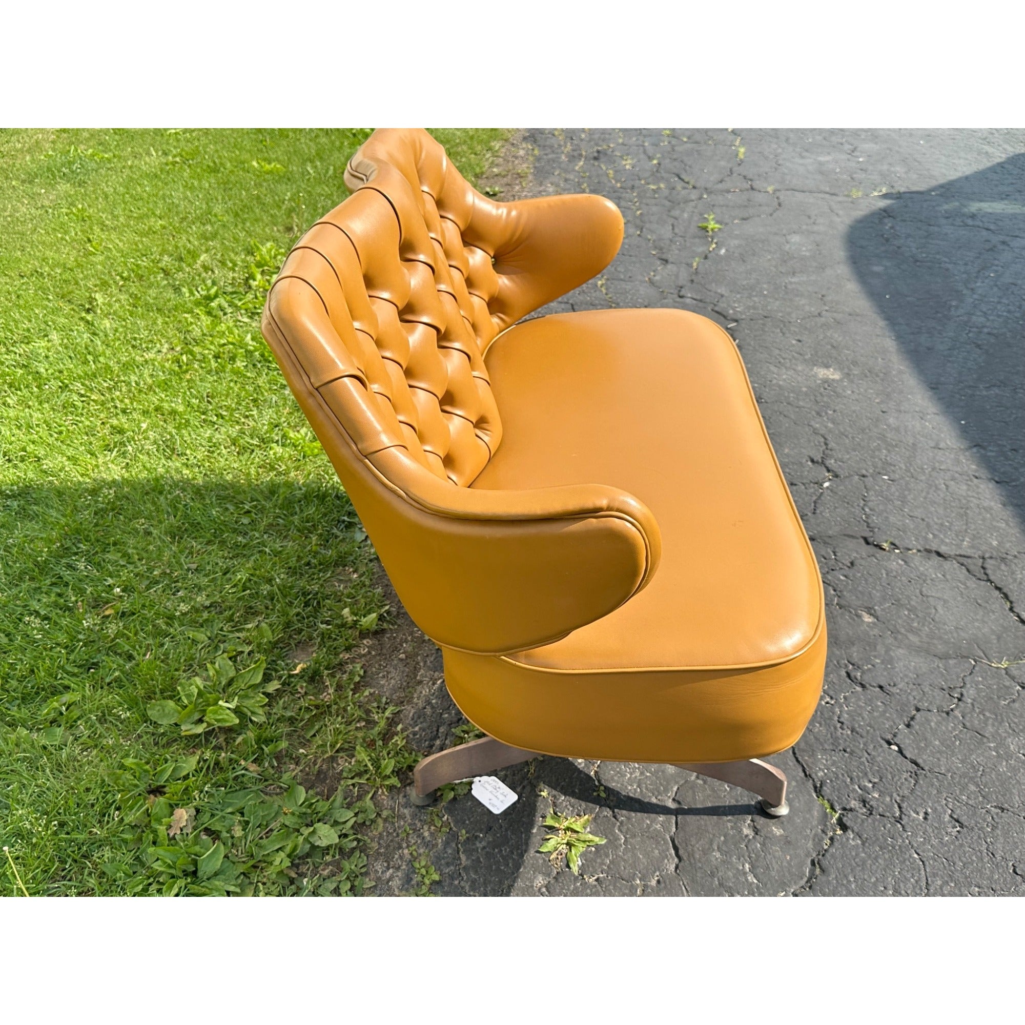 Vintage Mid-Century MCM Light Brown Faux Leather Bench Settee