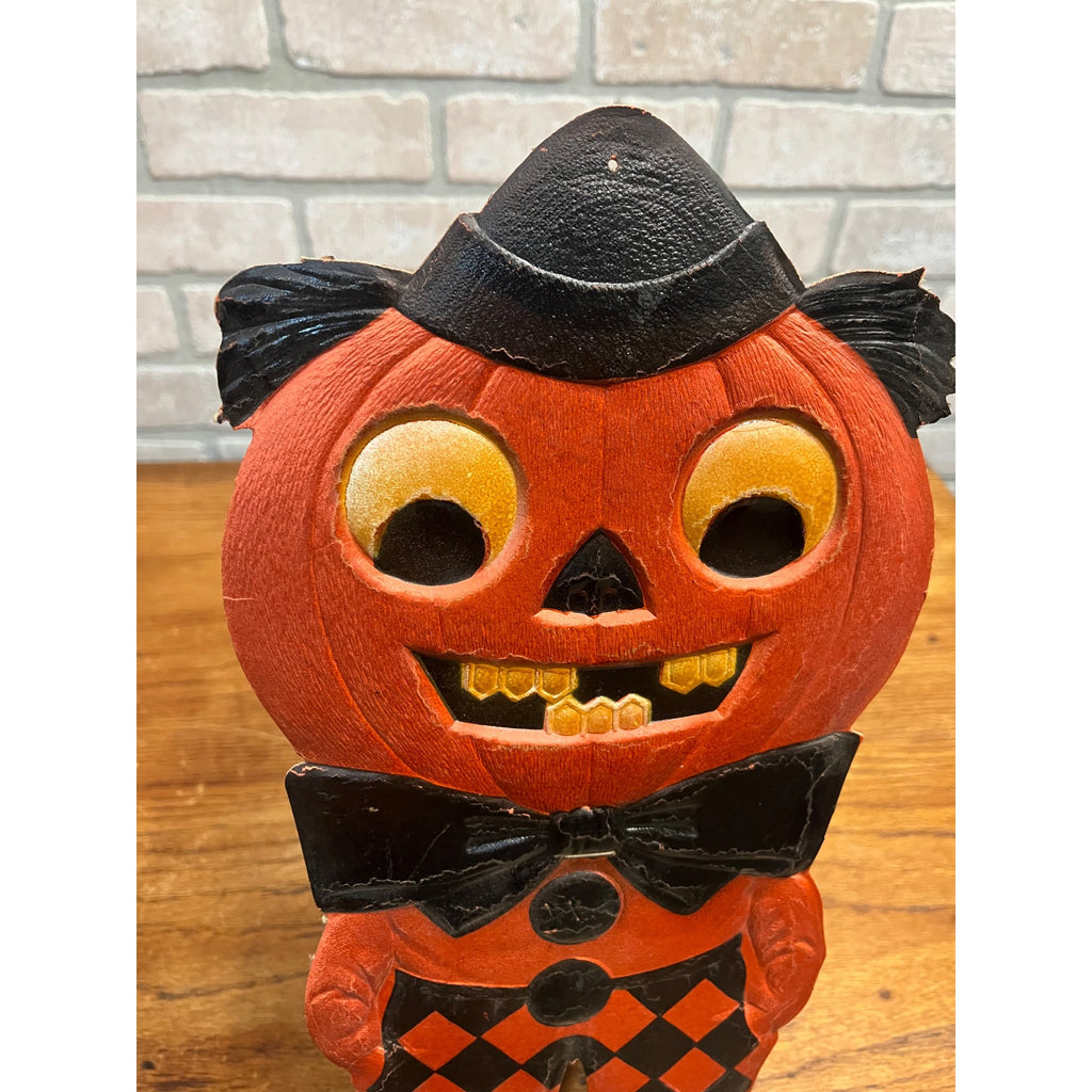 Antique 1920s German Halloween Diecut Pumpkin Head Man Bowtie 16" Tall