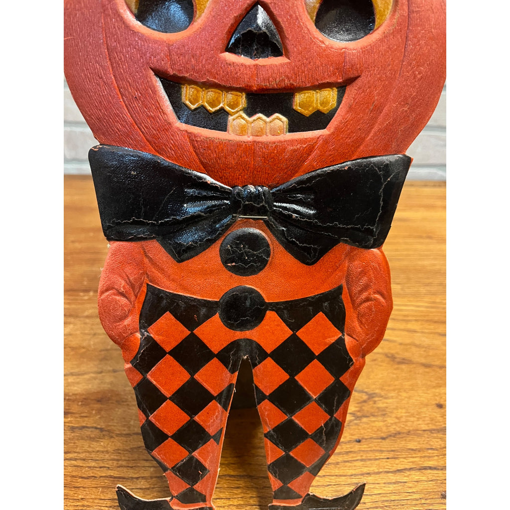 Antique 1920s German Halloween Diecut Pumpkin Head Man Bowtie 16" Tall