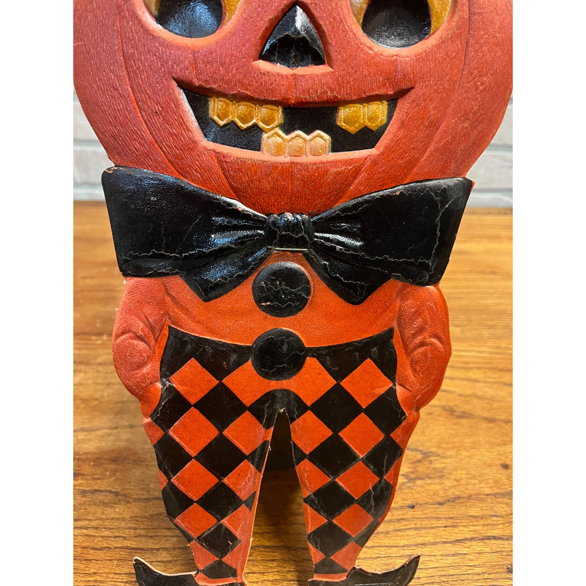 Antique 1920s German Halloween Diecut Pumpkin Head Man Bowtie 16" Tall