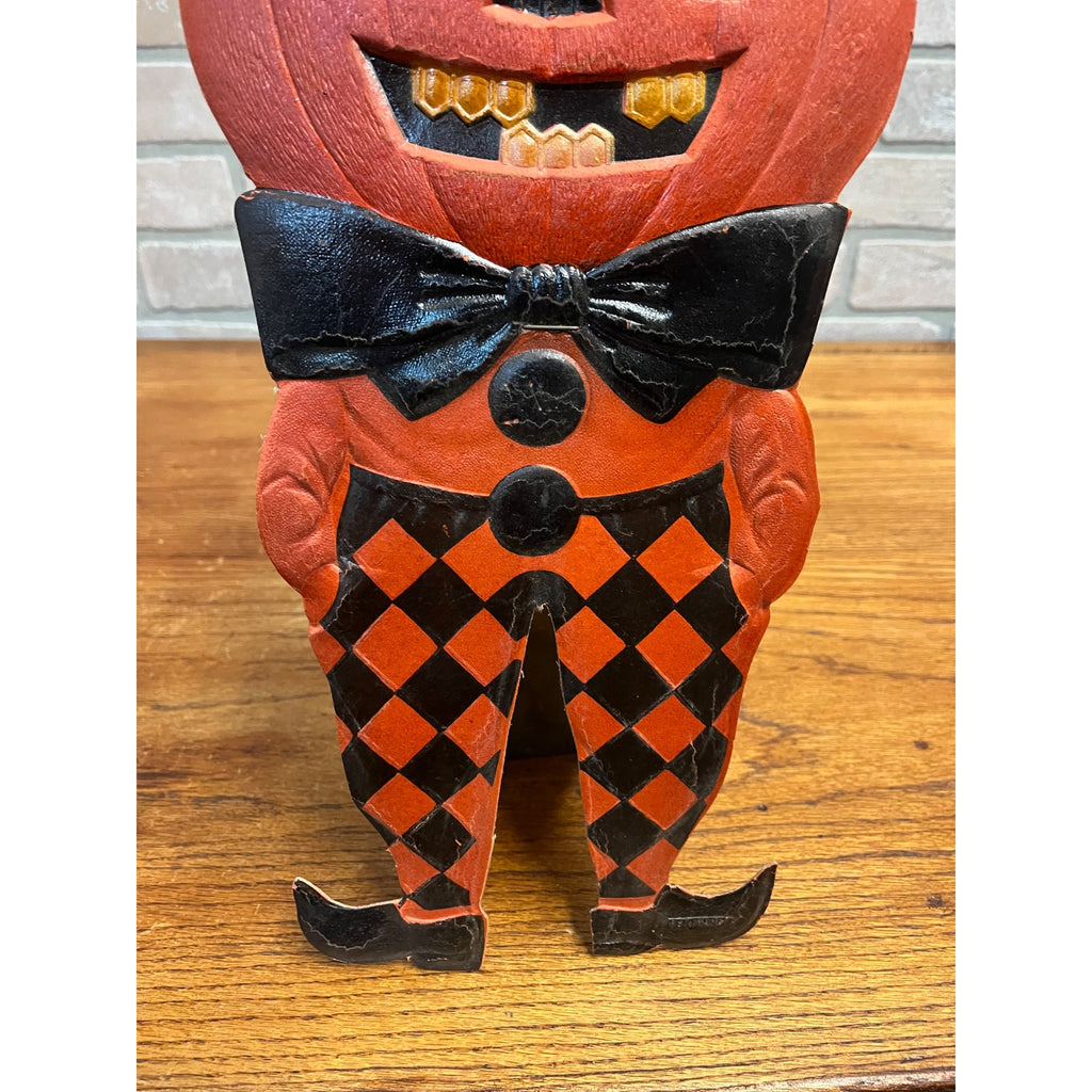 Antique 1920s German Halloween Diecut Pumpkin Head Man Bowtie 16" Tall