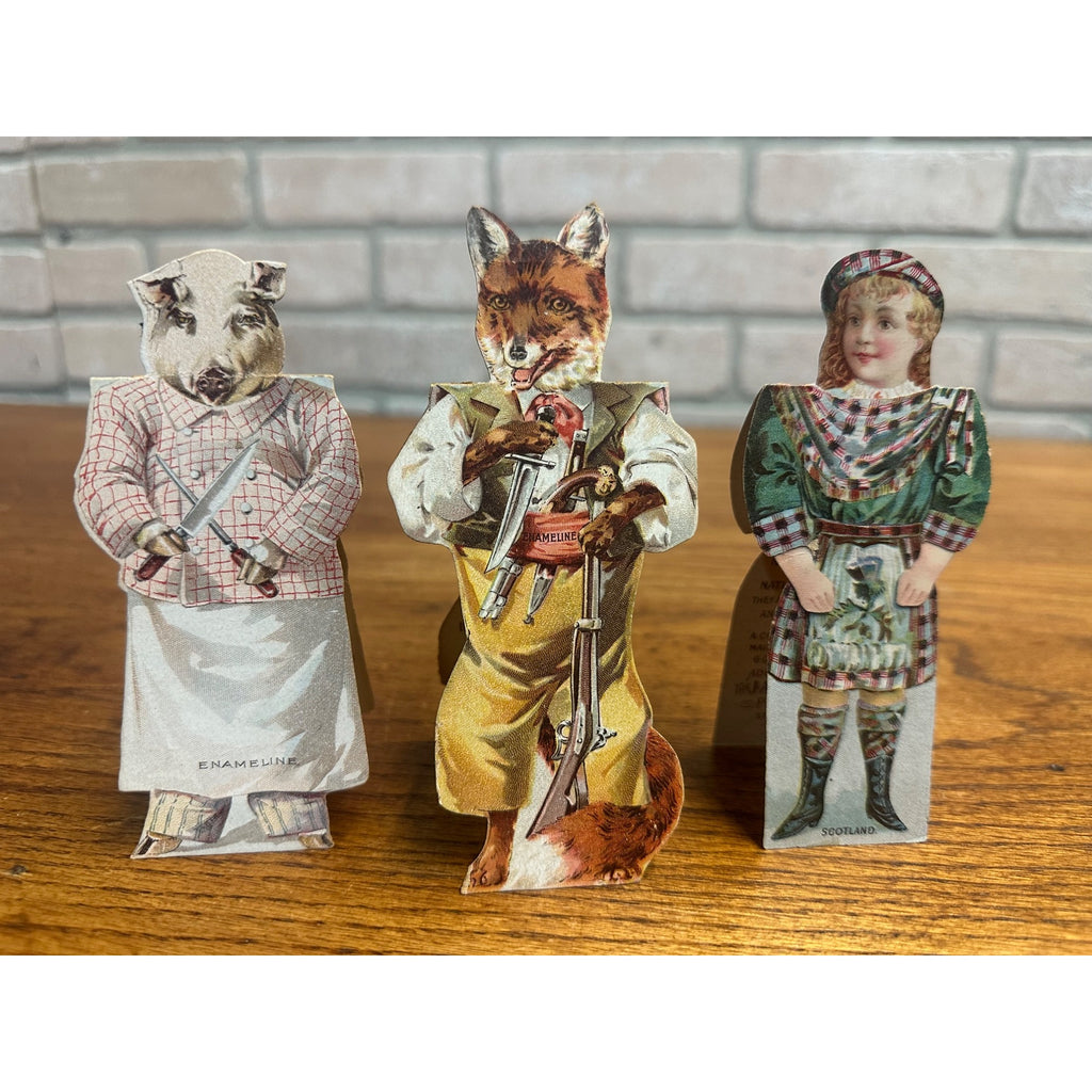 Antique 1890s Victorian Enameline Stove Polish Paper Dolls Butcher Pig, Fox +