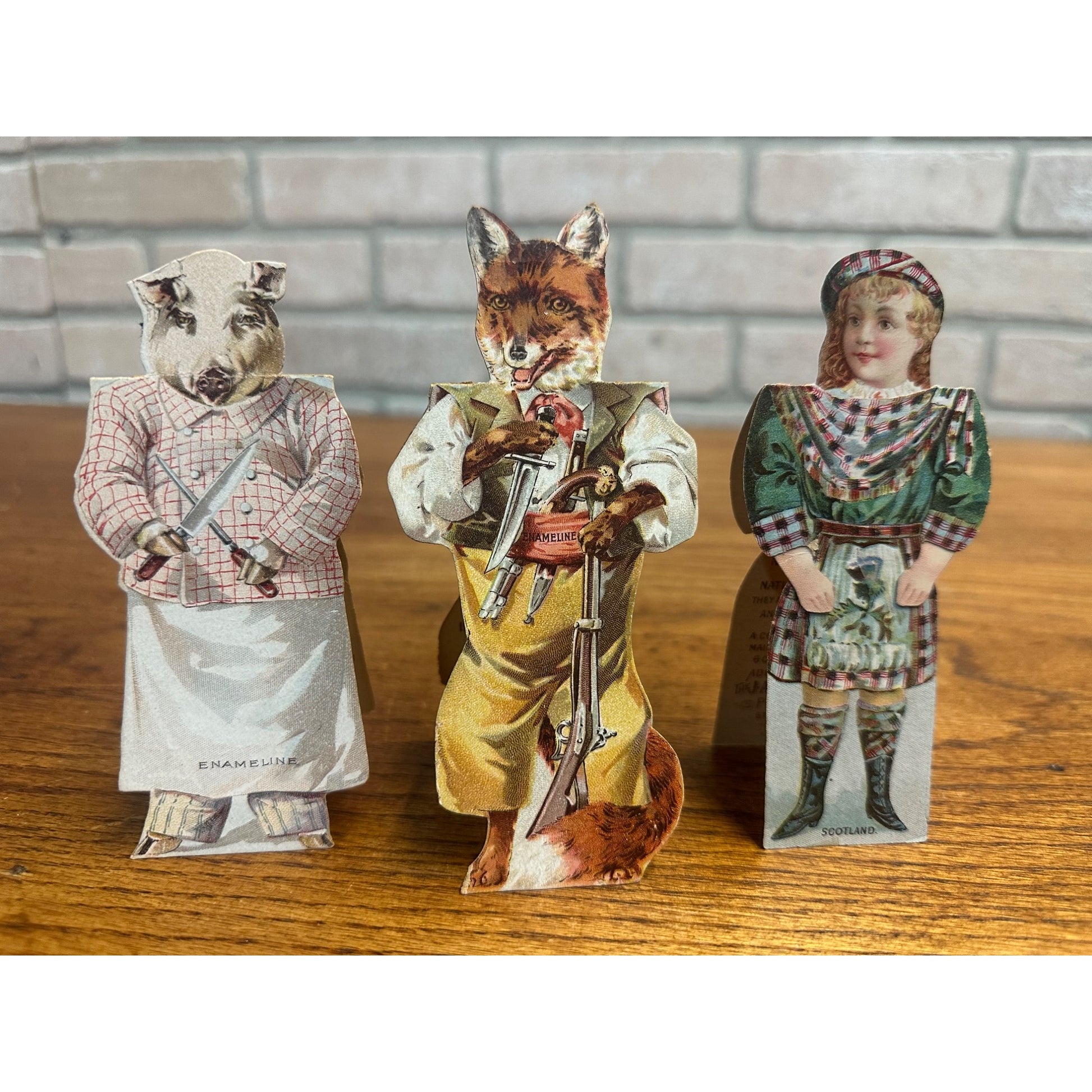 Antique 1890s Victorian Enameline Stove Polish Paper Dolls Butcher Pig, Fox +