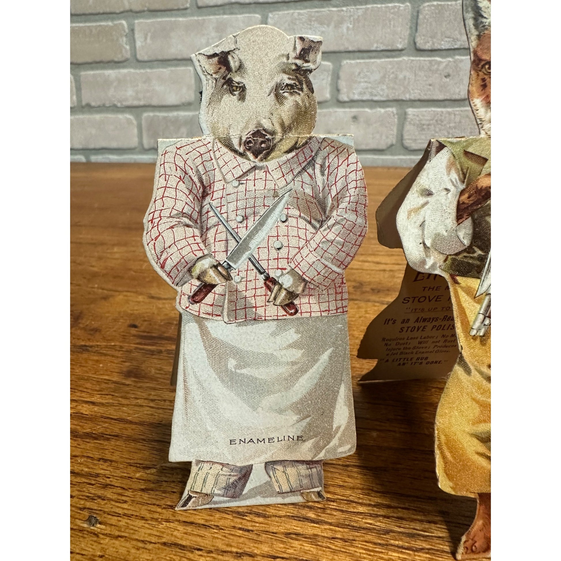 Antique 1890s Victorian Enameline Stove Polish Paper Dolls Butcher Pig, Fox +