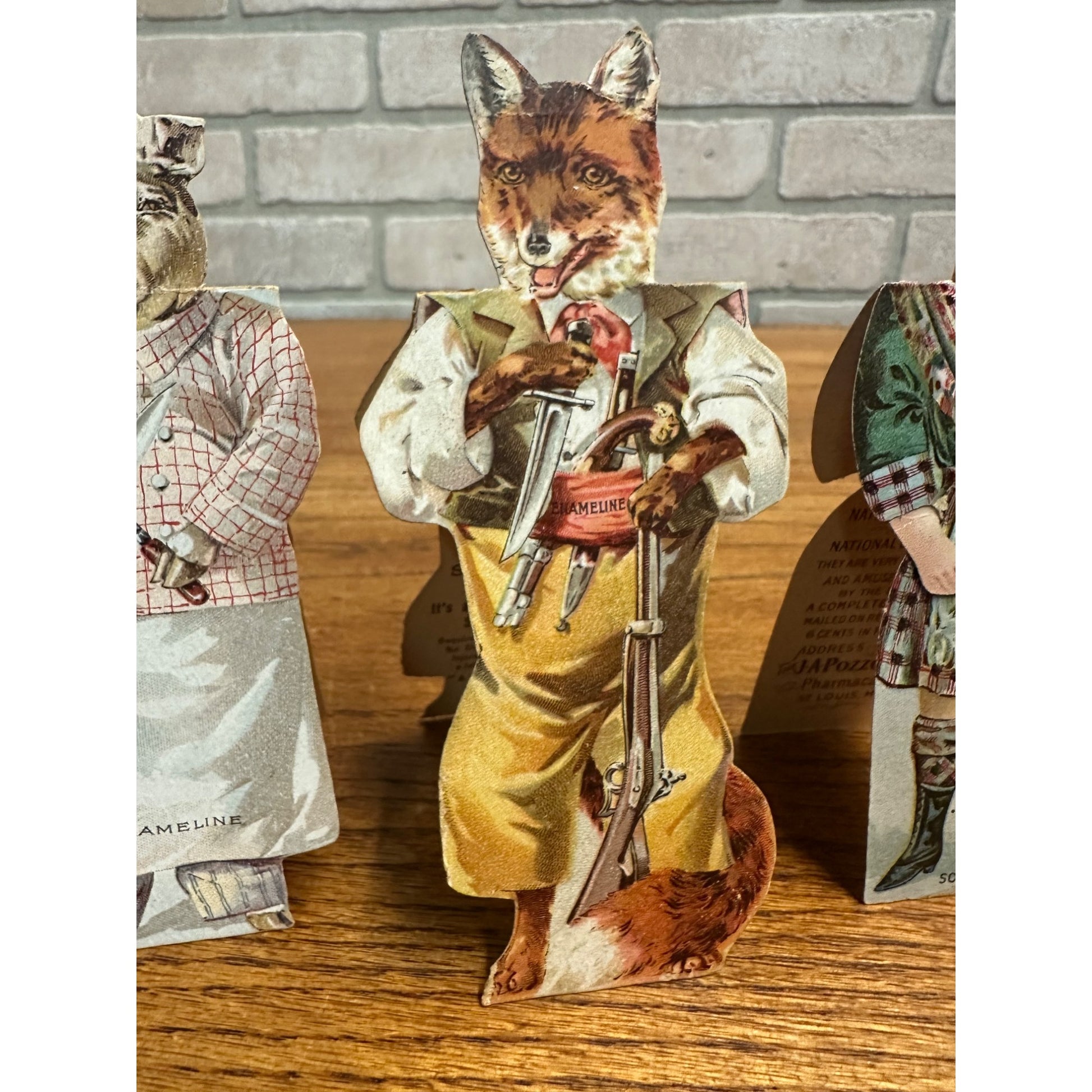 Antique 1890s Victorian Enameline Stove Polish Paper Dolls Butcher Pig, Fox +