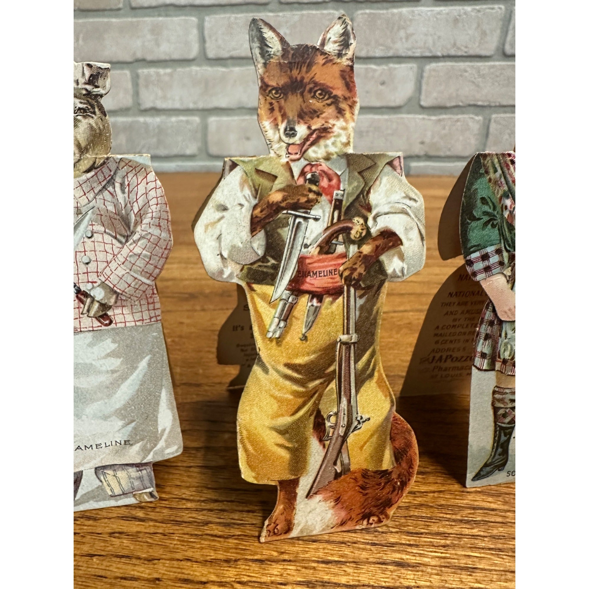Antique 1890s Victorian Enameline Stove Polish Paper Dolls Butcher Pig, Fox +