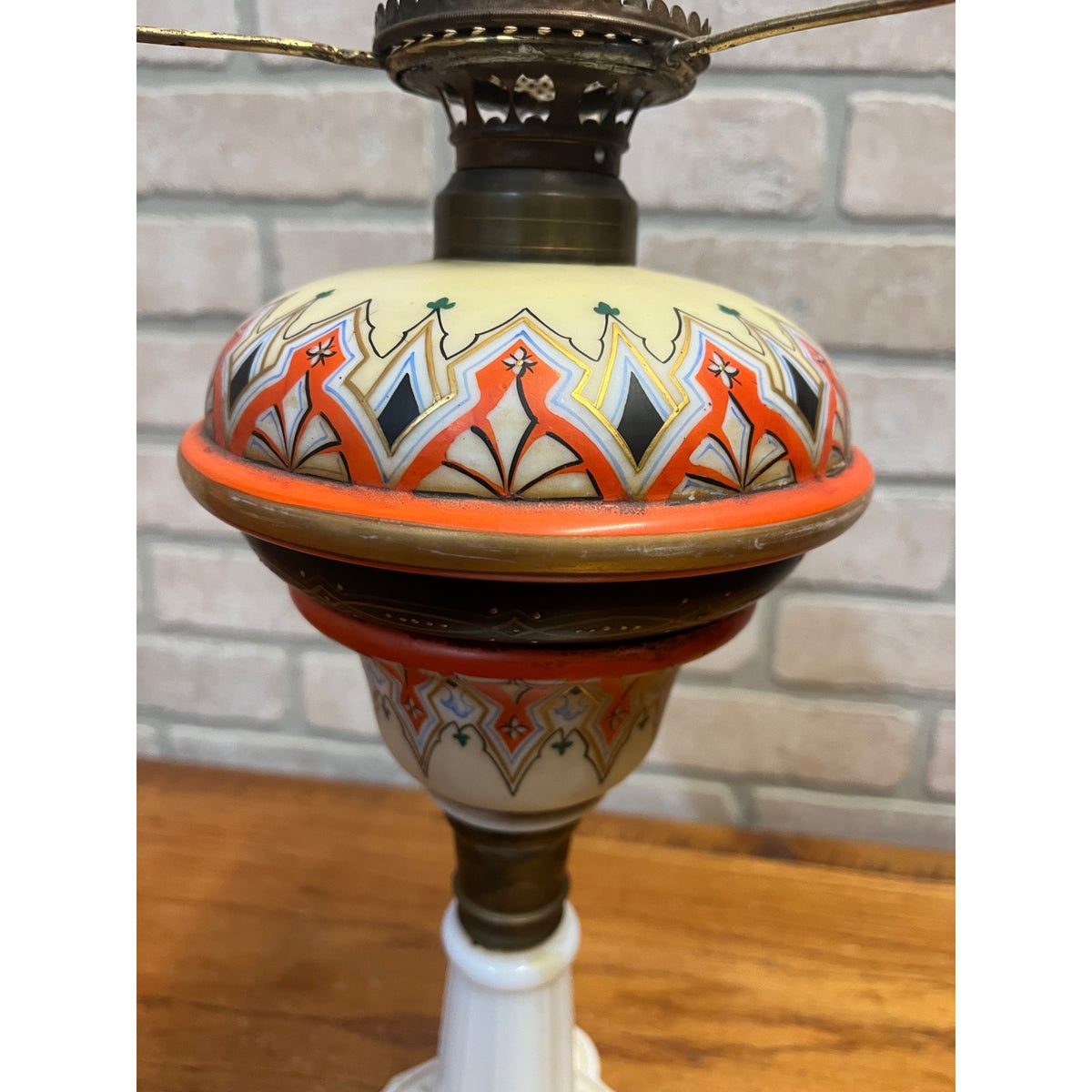Antique c1890 Bohemian Opaline Glass Kerosene Parlor Lamp Aesthetic Movement Gilt Enamel
