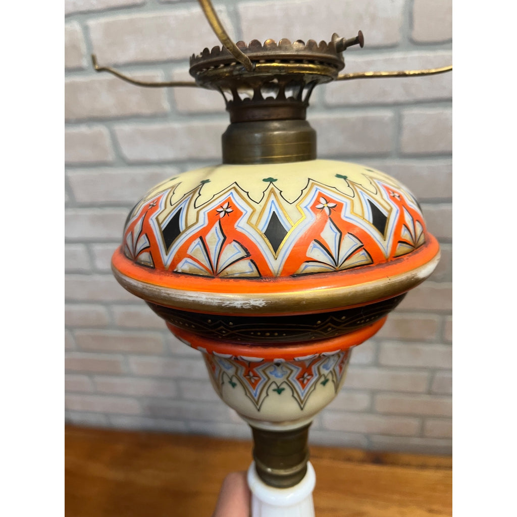 Antique c1890 Bohemian Opaline Glass Kerosene Parlor Lamp Aesthetic Movement Gilt Enamel