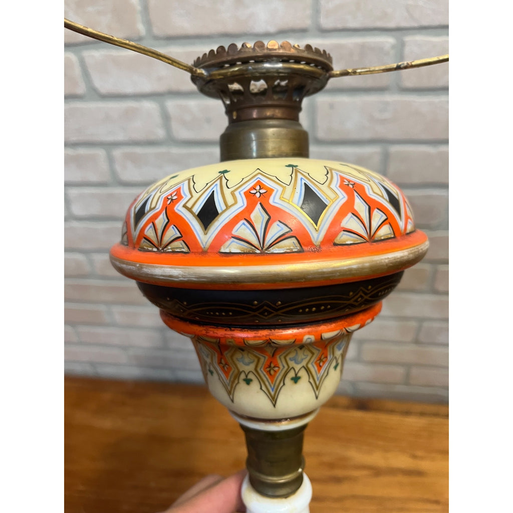 Antique c1890 Bohemian Opaline Glass Kerosene Parlor Lamp Aesthetic Movement Gilt Enamel