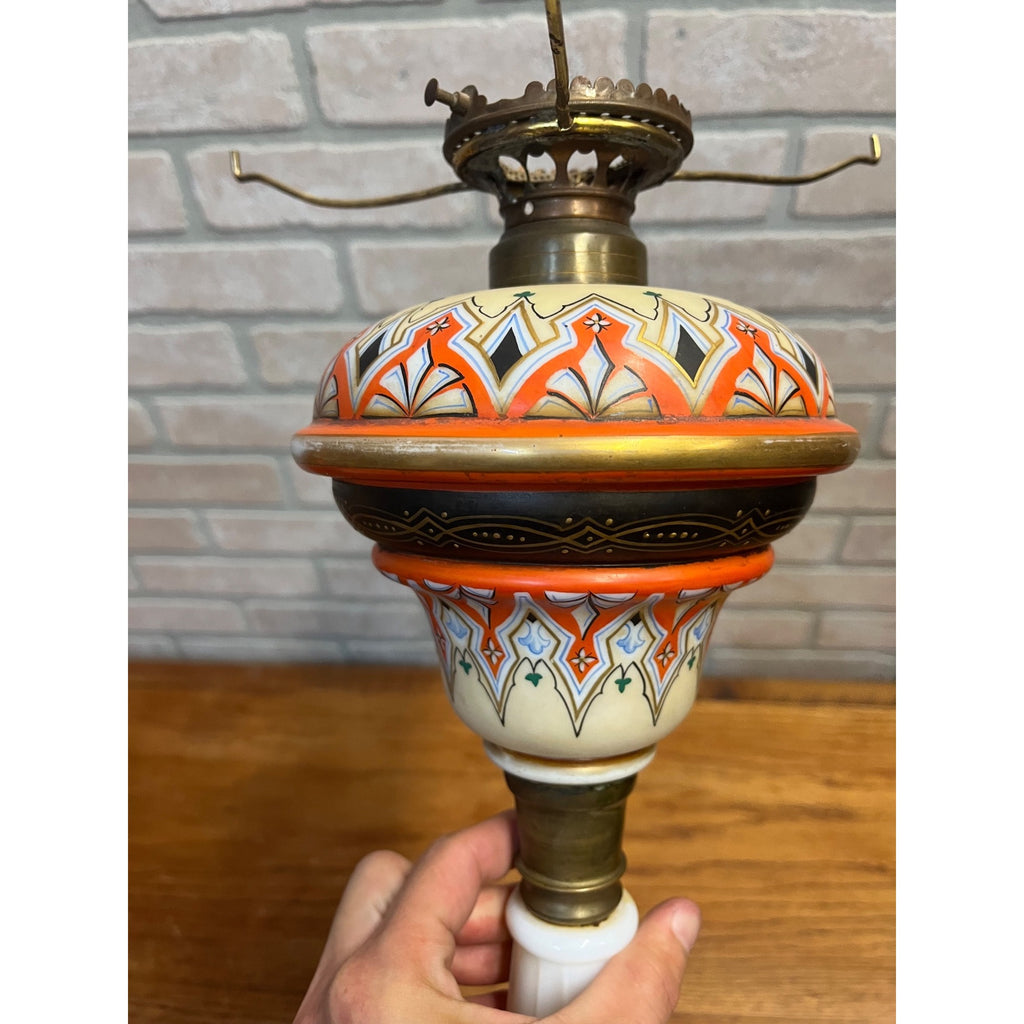 Antique c1890 Bohemian Opaline Glass Kerosene Parlor Lamp Aesthetic Movement Gilt Enamel