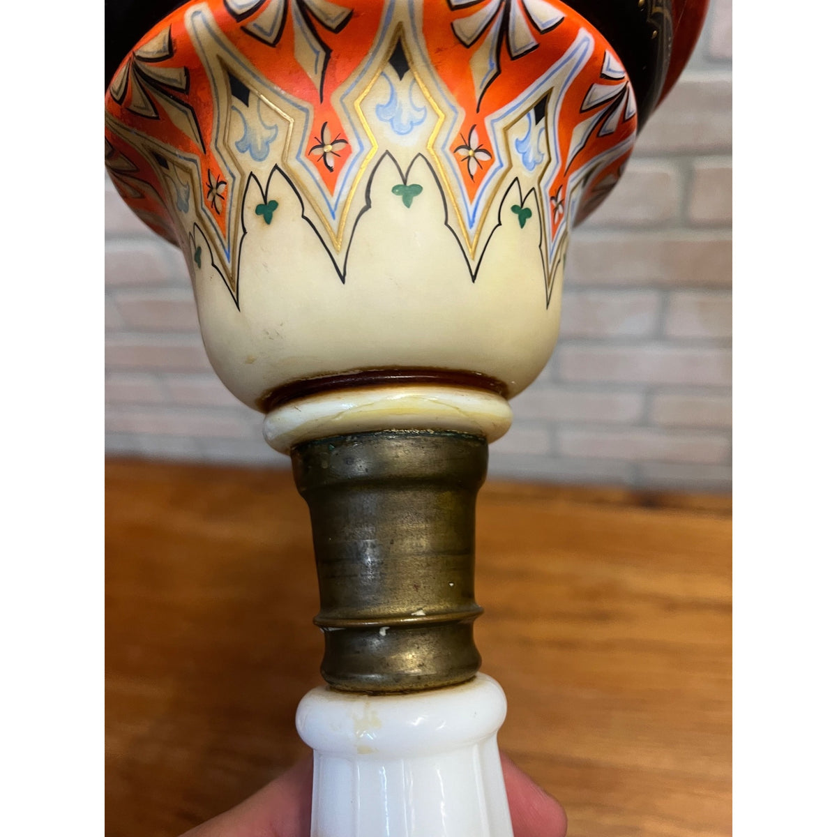 Antique c1890 Bohemian Opaline Glass Kerosene Parlor Lamp Aesthetic Movement Gilt Enamel