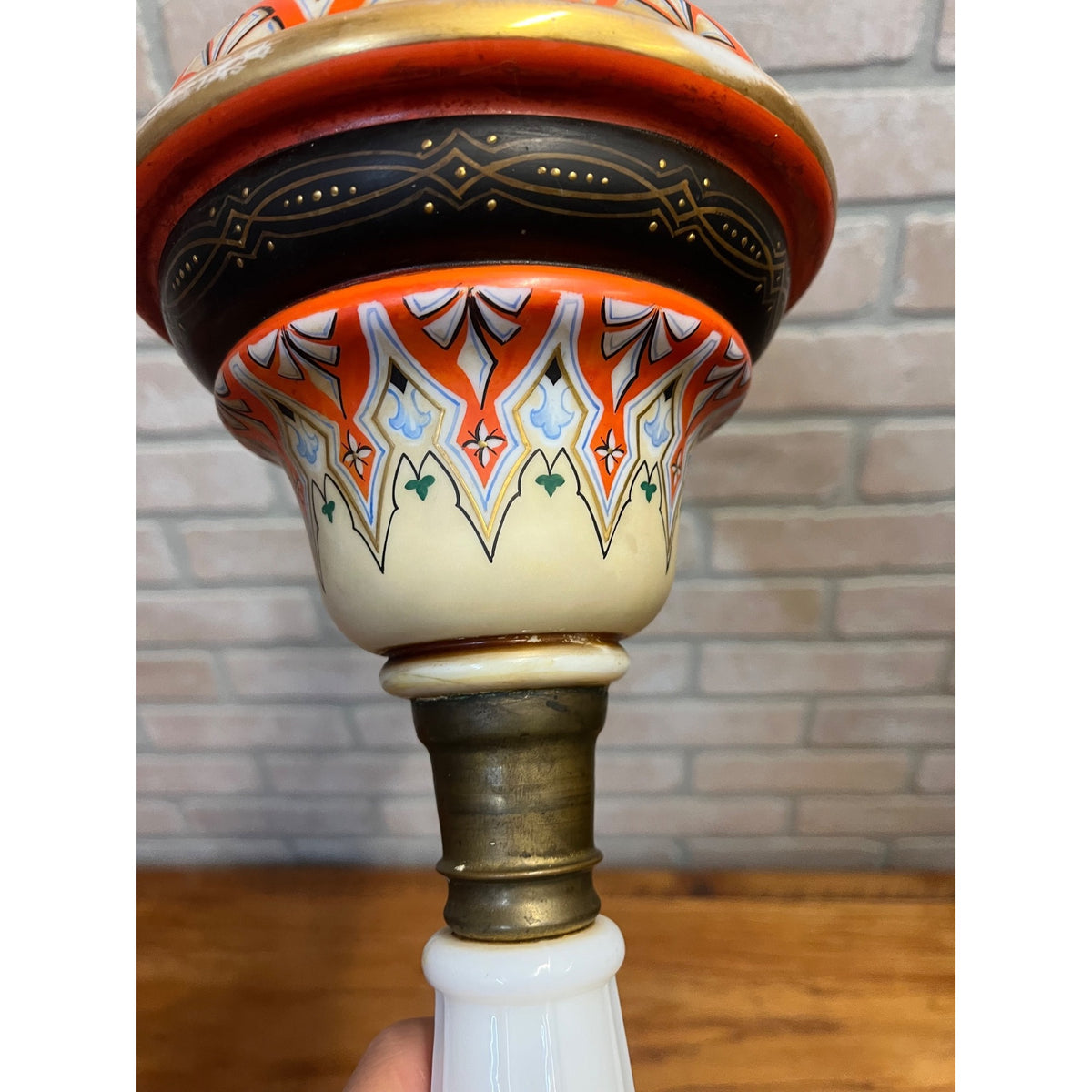Antique c1890 Bohemian Opaline Glass Kerosene Parlor Lamp Aesthetic Movement Gilt Enamel