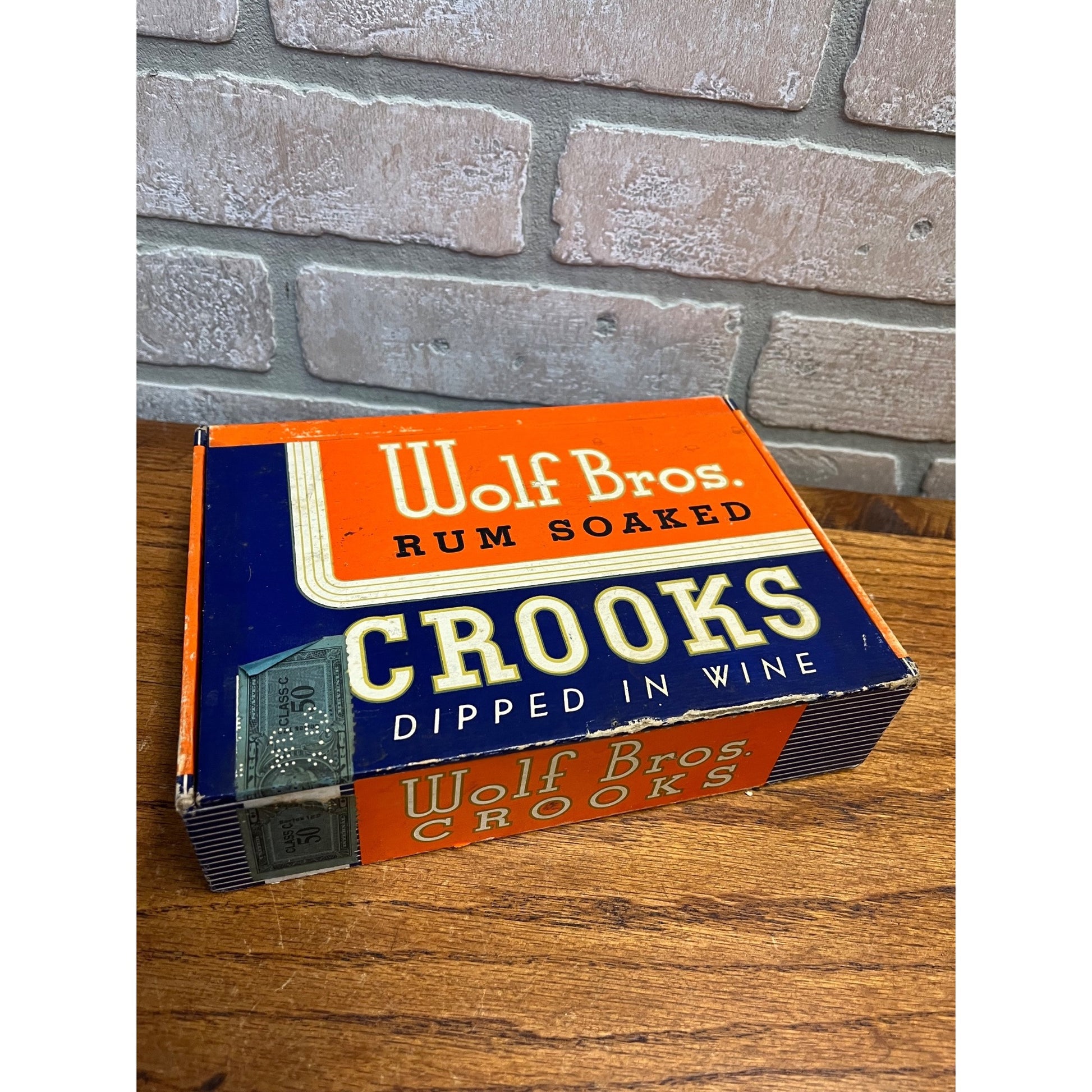 Vintage Wolf Bros Cigars Advertising Box Empty Rum Wine Soaked Orange / Blue