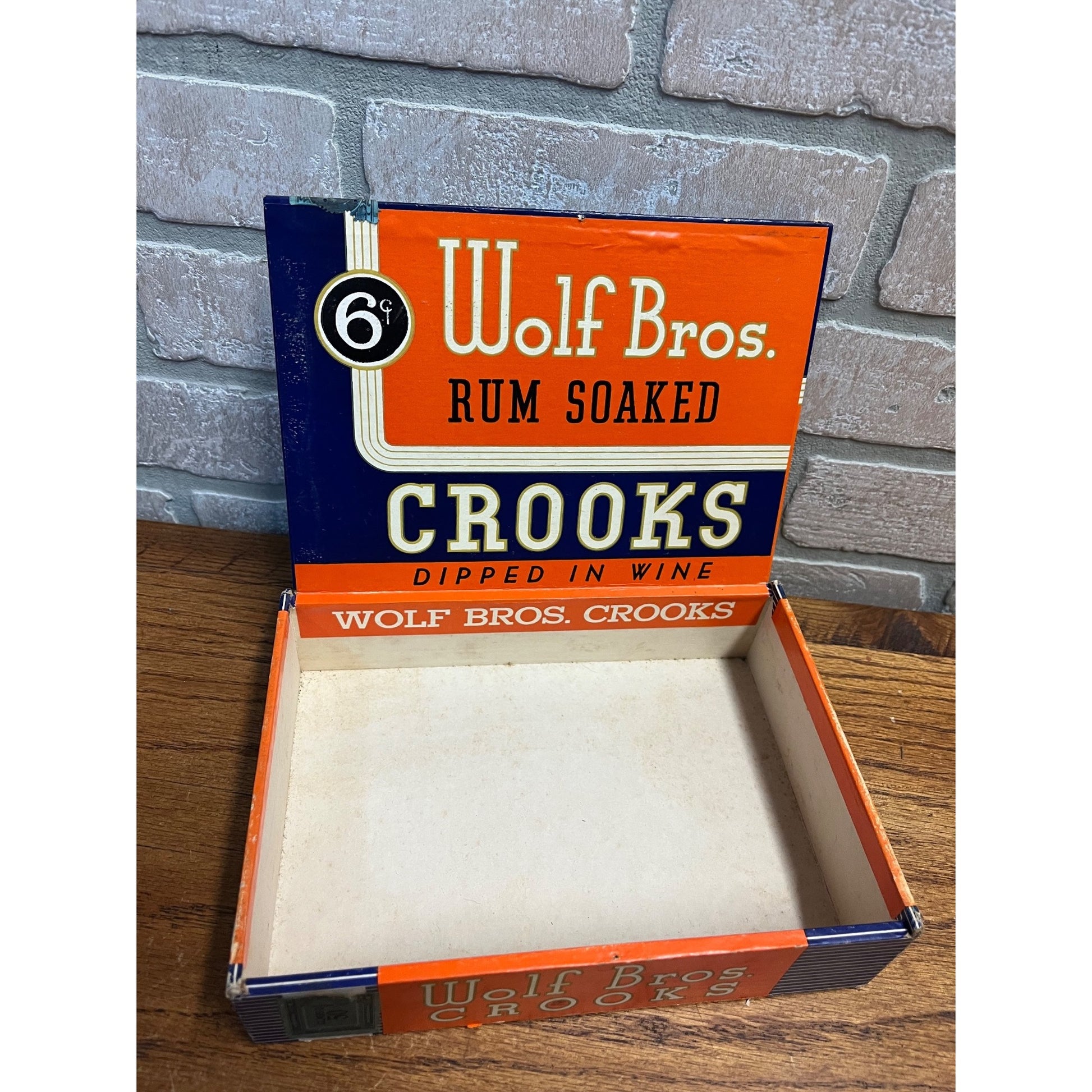 Vintage Wolf Bros Cigars Advertising Box Empty Rum Wine Soaked Orange / Blue