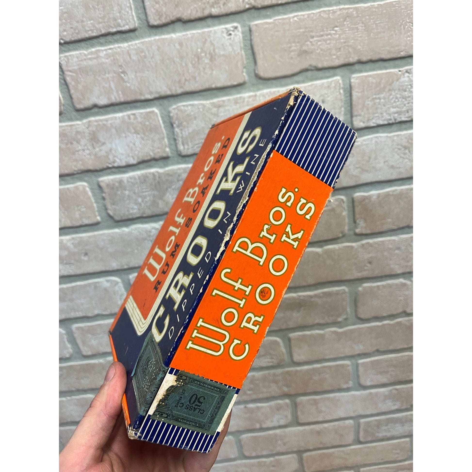 Vintage Wolf Bros Cigars Advertising Box Empty Rum Wine Soaked Orange / Blue