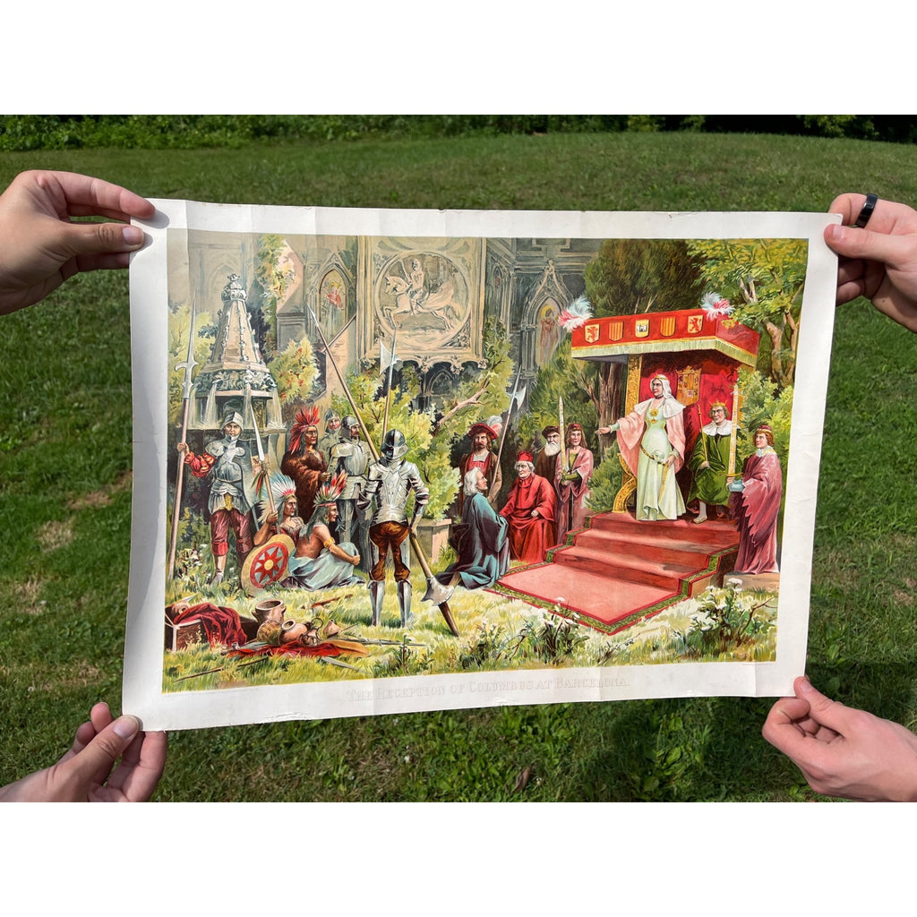 Original Antique 1890s "Reception of Columbus at Barcelona" Chromolithograph Print McLaughlin