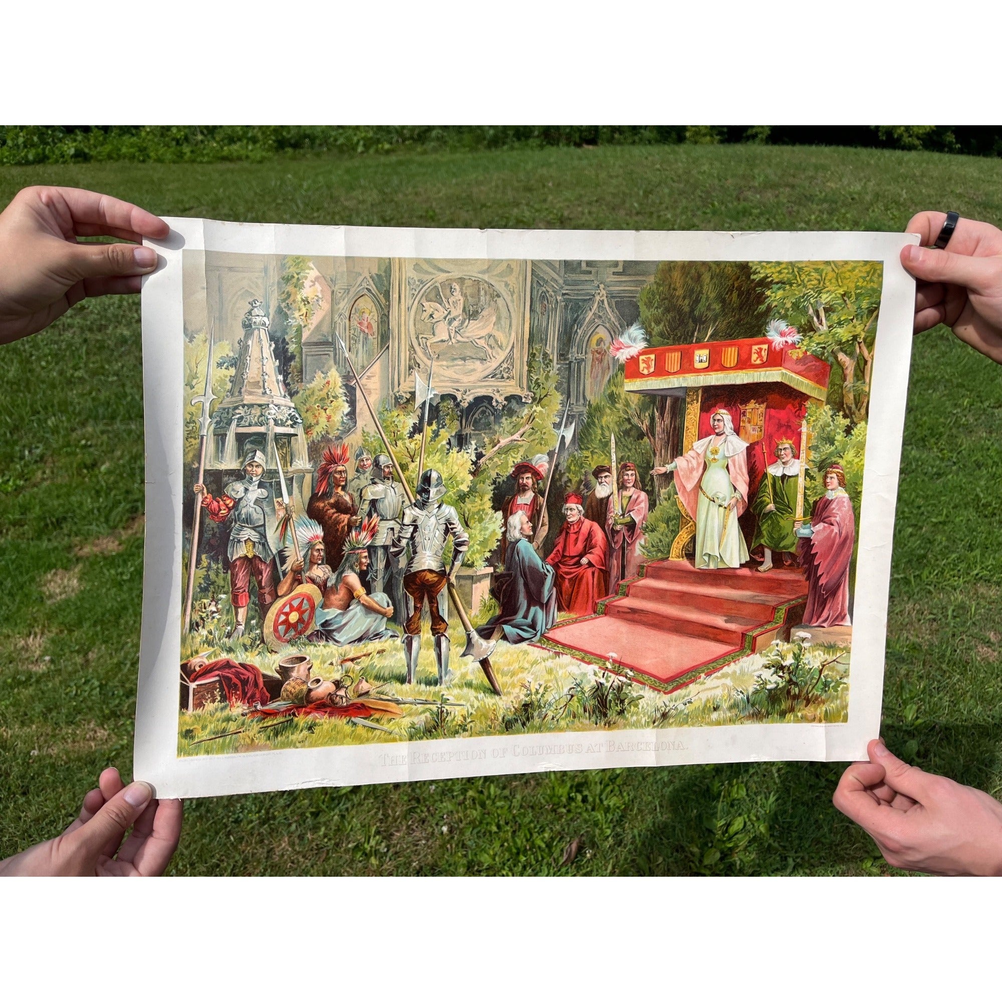 Original Antique 1890s "Reception of Columbus at Barcelona" Chromolithograph Print McLaughlin