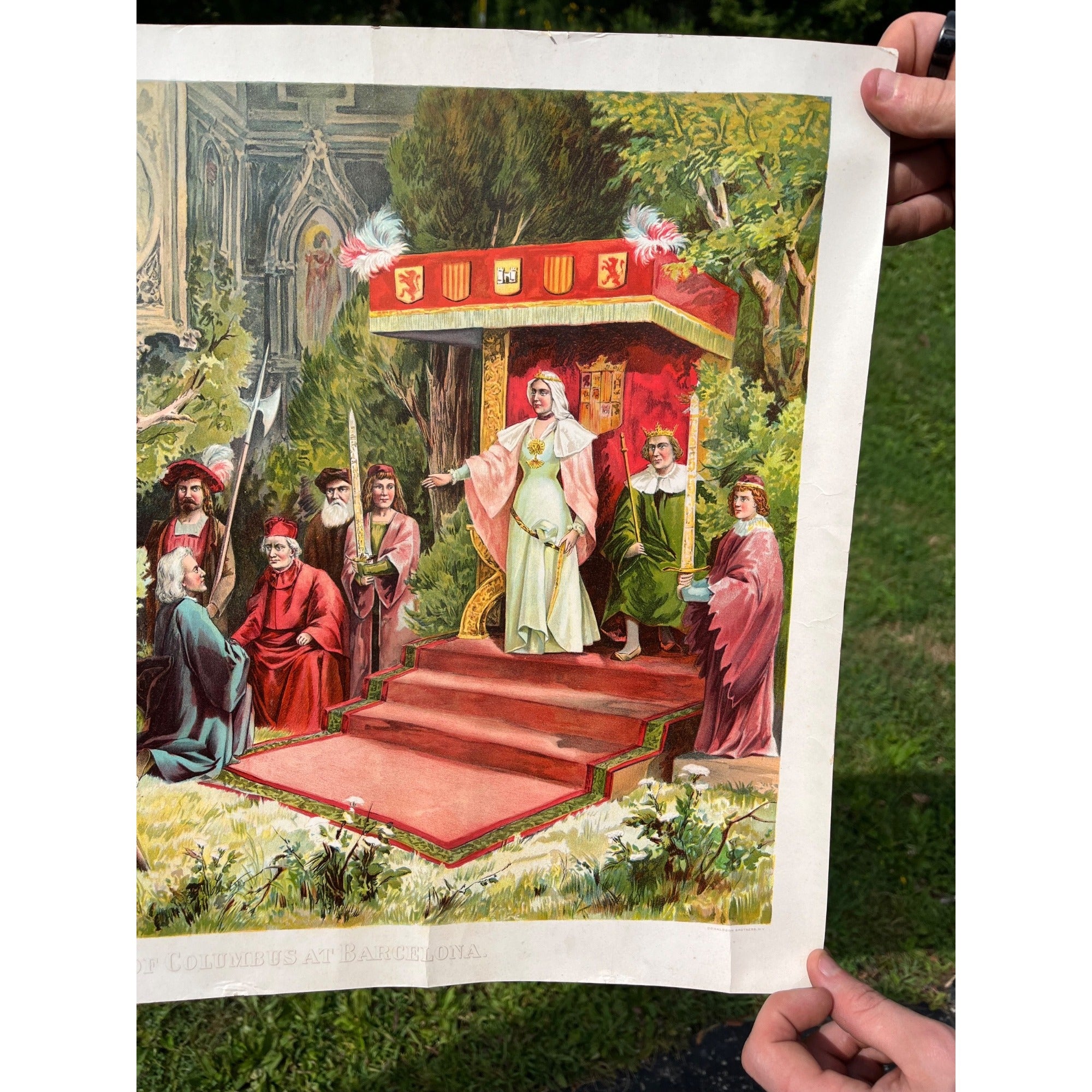 Original Antique 1890s "Reception of Columbus at Barcelona" Chromolithograph Print McLaughlin