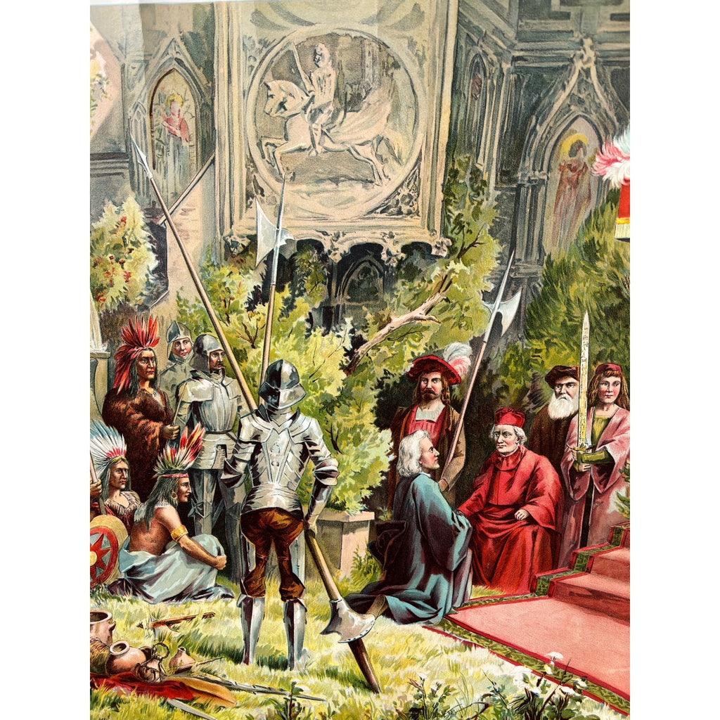 Original Antique 1890s "Reception of Columbus at Barcelona" Chromolithograph Print McLaughlin