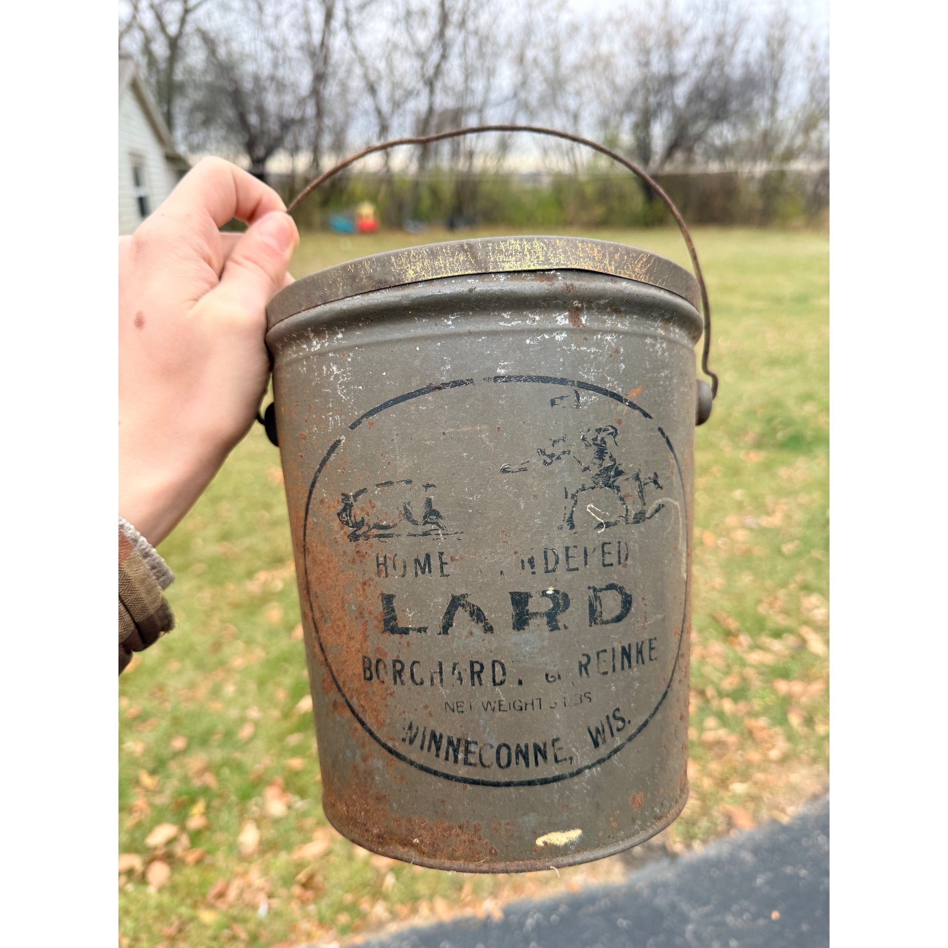 Vintage Borchard & Greinke Lard Farm Tin Advertising Pail Winneconne Wis WI