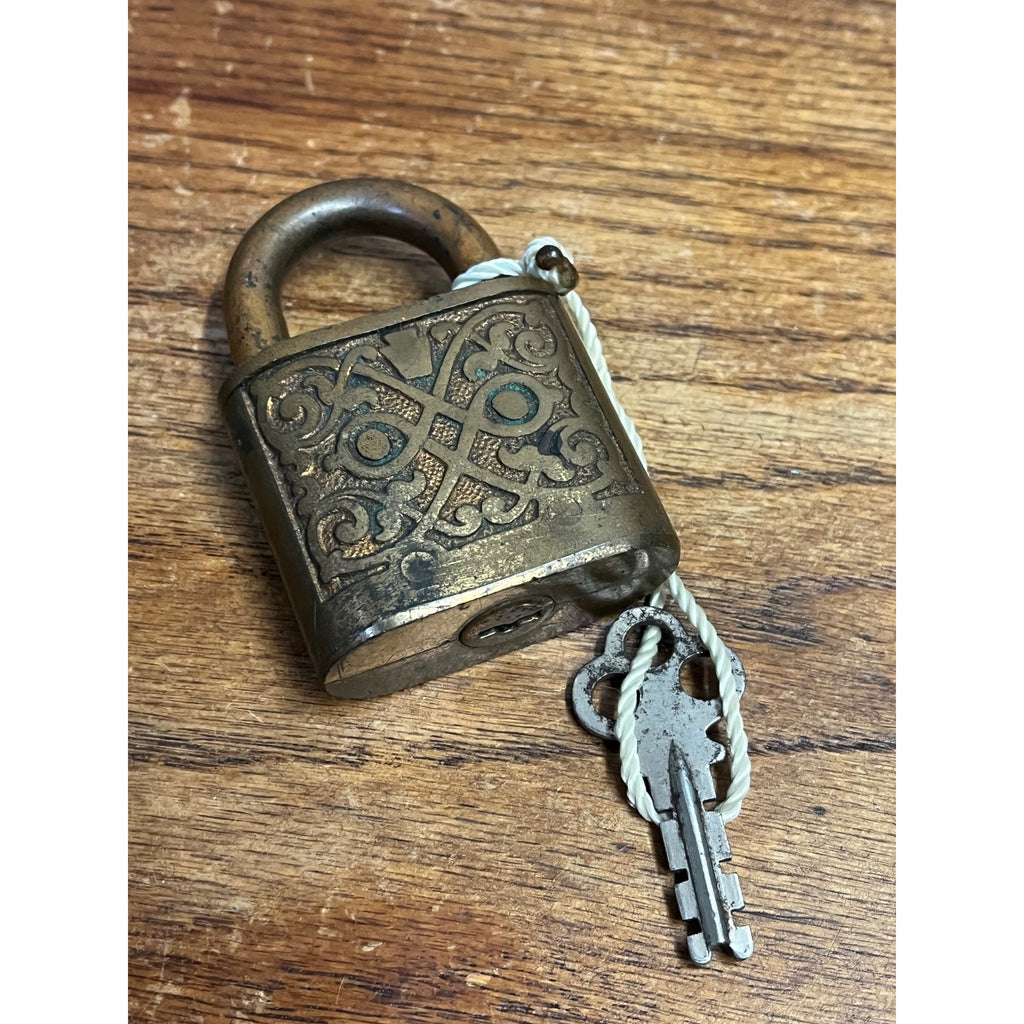 Antique c1890s Large Brass Ornate Victorian Padlock w/ Key - Works / Locks