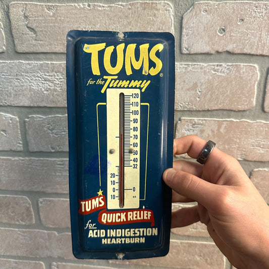 VINTAGE TUMS TIN ADVERTISING THERMOMETER SIGN 9" by 4"