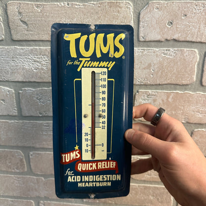 VINTAGE TUMS TIN ADVERTISING THERMOMETER SIGN 9" by 4"