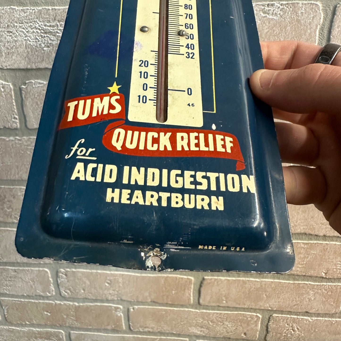 VINTAGE TUMS TIN ADVERTISING THERMOMETER SIGN 9" by 4"