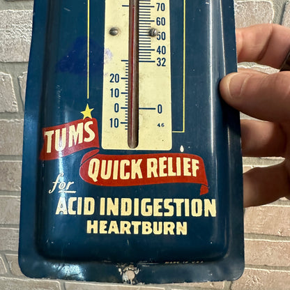 VINTAGE TUMS TIN ADVERTISING THERMOMETER SIGN 9" by 4"