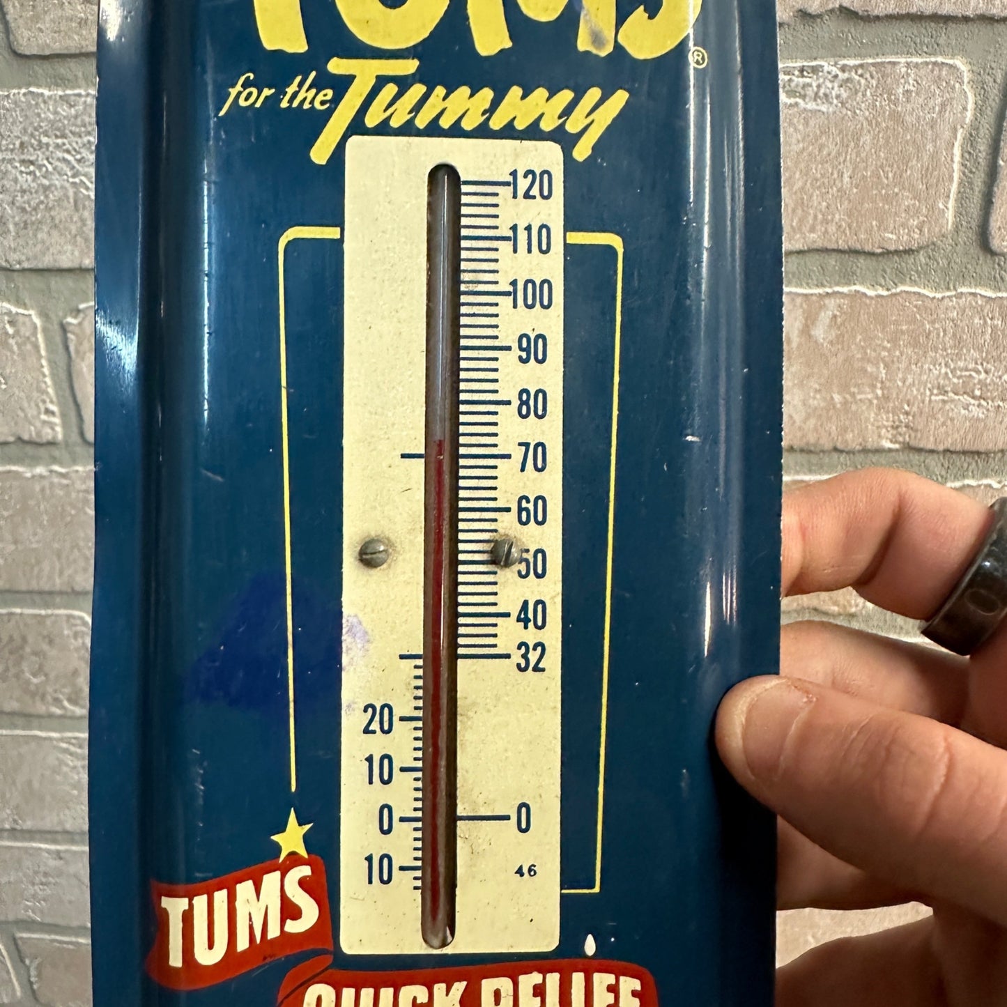 VINTAGE TUMS TIN ADVERTISING THERMOMETER SIGN 9" by 4"