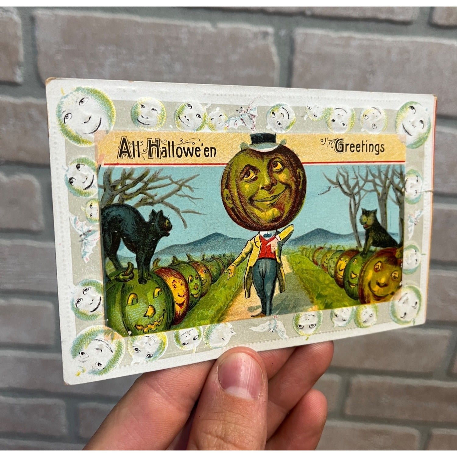 Vintage Halloween Gottschalk #1028 Postcard JOL Man Pumpkin Path Black Cats
