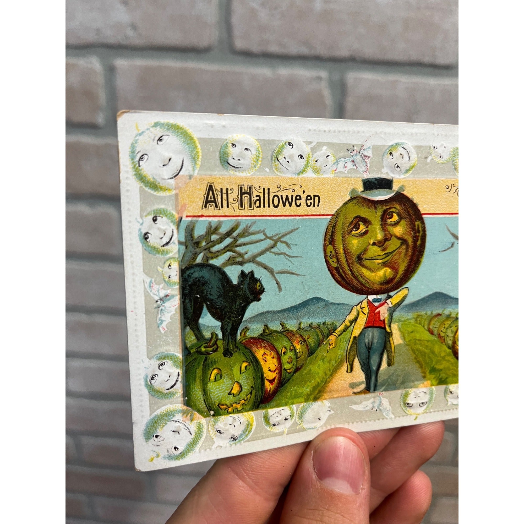 Vintage Halloween Gottschalk #1028 Postcard JOL Man Pumpkin Path Black Cats