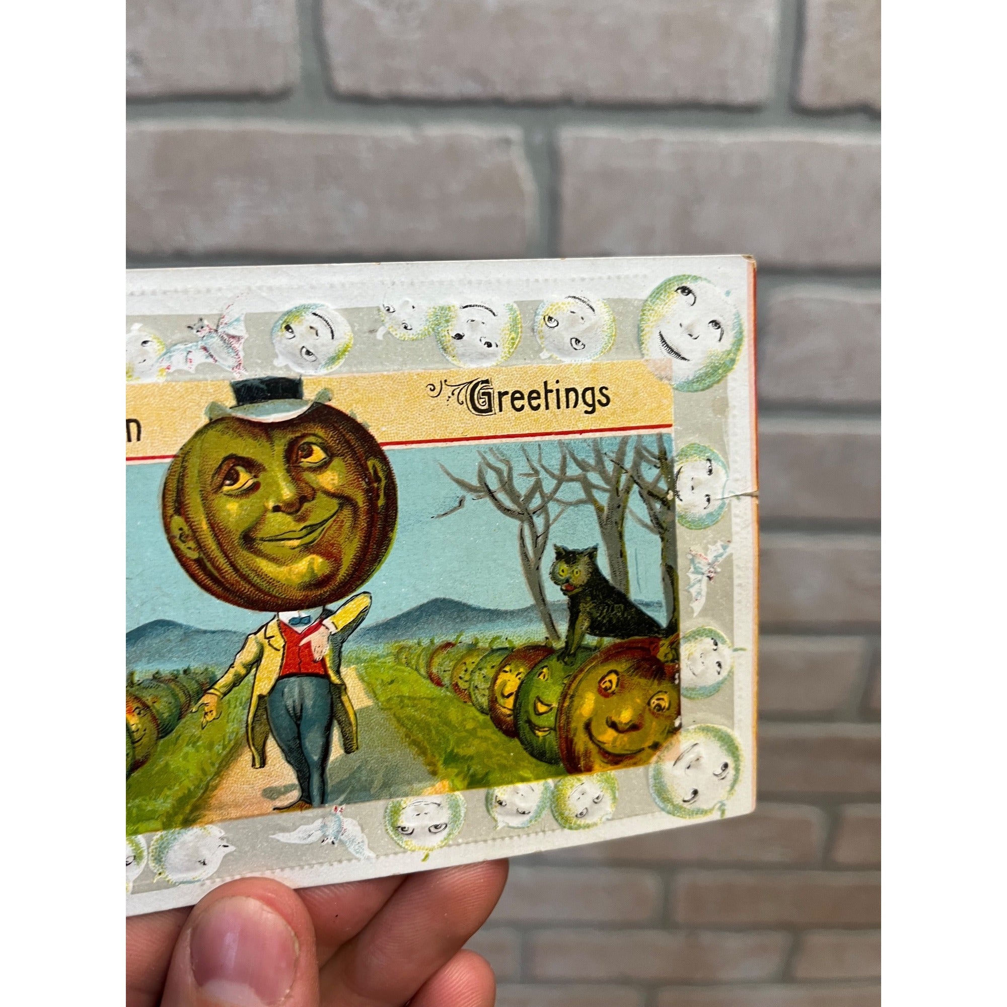 Vintage Halloween Gottschalk #1028 Postcard JOL Man Pumpkin Path Black Cats