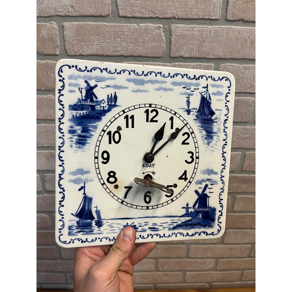 Delft-Style Blue and White Ceramic Wall Clock Windmill - Made USA - Parts/Repair